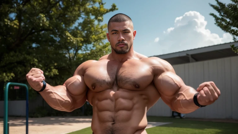 (Highly detailed 8K wallpaper), asian man, muscle worship, fold your arms, On the playground, baseball uniform, high detail, very short hair, skin head, Circular cut, very large and strong body, bulging muscles, muscular, very large pectoral muscles. Very sexy abs, legs are muscular, Toned figure, brightens oily skin, muscular, Tank top, T-shirt, long shot, wide shot