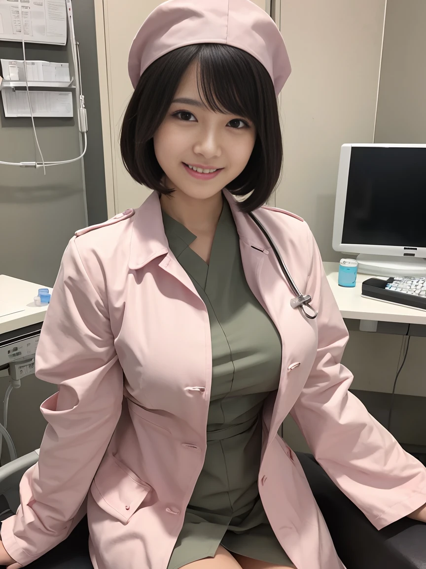 (NSFW:0.9), 1 girl,nurse, alone, black hair, short bob, operating room,quiet,cheerfulness,(During surgery),light smile, big breasts, Pink Trench Coat Nurse Uniform, nurse cap, open clothes, (string),