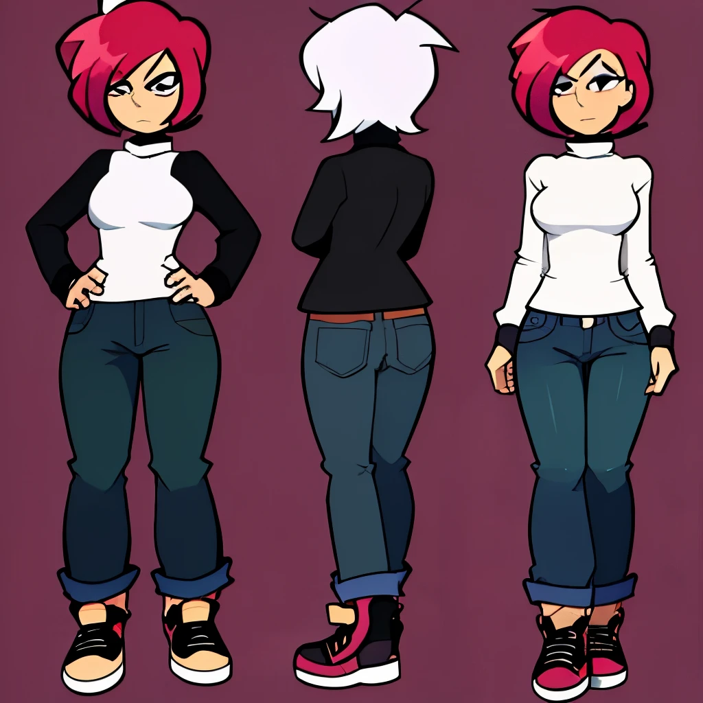 magenta hair,hair is styled in a bun,magenta bangs,black turtleneck,jeans,jean pants,white skin,bleach white skin,bangs covering eyes,black canvas shoes,cancas shoes,reference,reference sheet