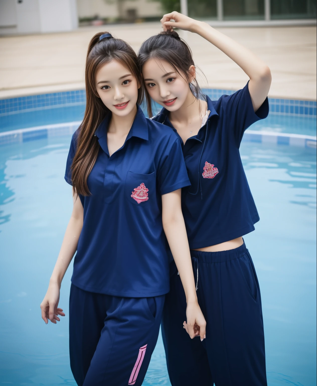 2 girls in the swimming pool, Navy blue short-sleeved shirt,Navy Long Trackpant,Sweatpants, Sweatpantsขายาว,25 year old girl, lesbian, sexy, exercise clothes, wet body