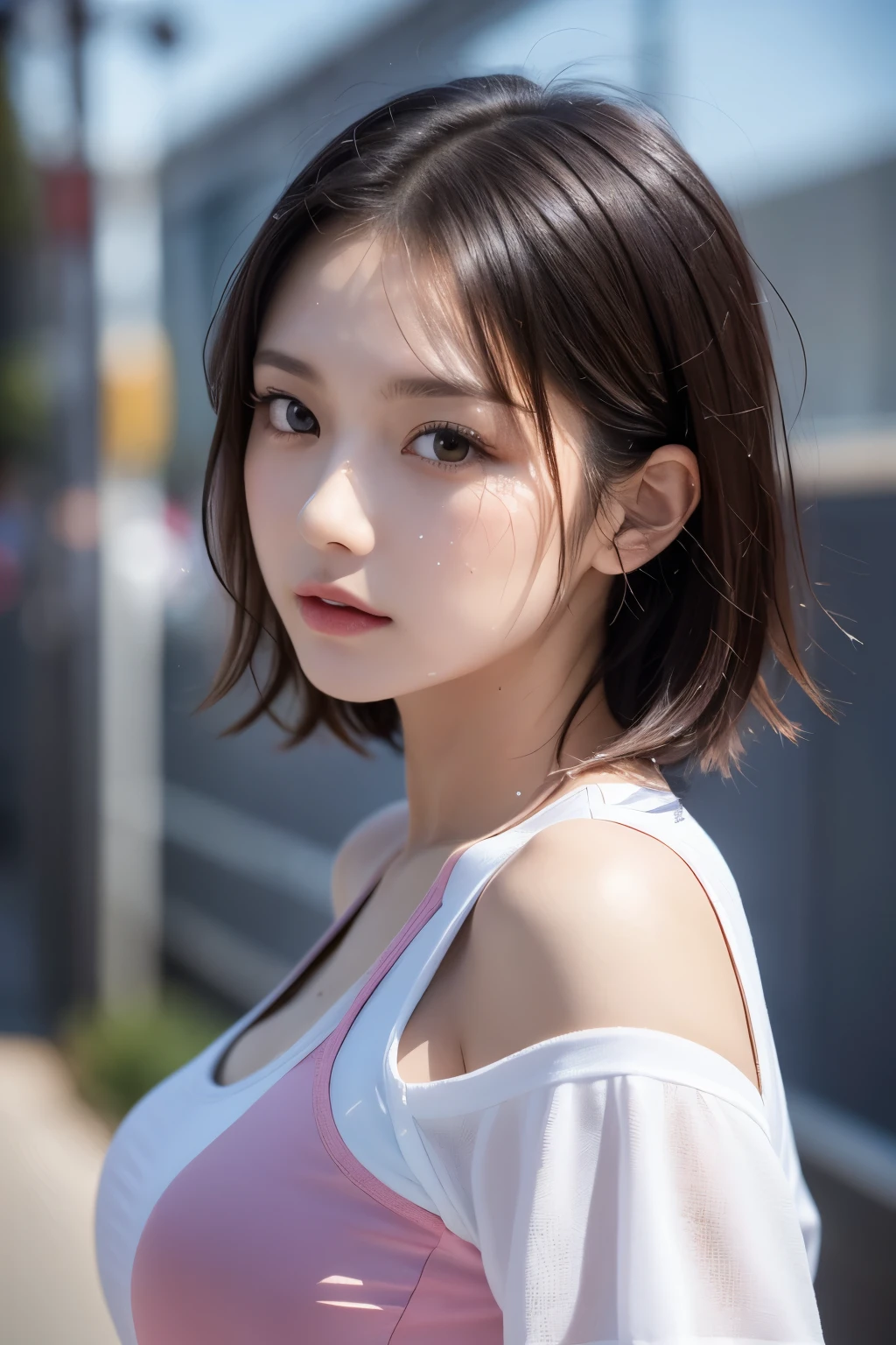 masterpiece, Beautiful single girl,Beautiful Eyes， Good Eyes， highest quality， Hyper HD， （Realistic： 1.4）， Cinema Lighting， Asian Beauty， China， so beautiful， Beautiful Skin， slim， （ultra photoRealisticim）， （High resolution）， （8k）， （Very detailed）， （Best illustrations）， （美しくてBeautiful Eyes）， （Very detailed）， （wallpaper）， Detailed face，The MILF Next Door， Bright lighting， Professional Lighting,（Emphasize large breasts),(Thirty One Ice Cream Shop:1.5),(Delicious ice cream: 1.3), (Clerk in a hat:1.4) , (Black Hair) and (Brown eyes), ponytail, (Bright smile: 1.3), (Audience: 1.3), (Bokeh), 18-year-old,Long Hair,(Brunette Hair）,46 point diagonal bangs，((whole body))，With a smile、