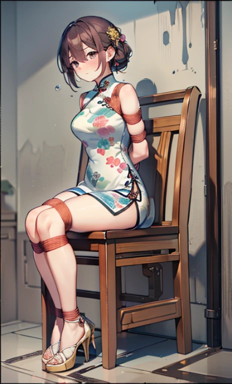 masterpiece, best quality,alone,(()),((Imprisoned)), (()), ((blush)),((Exhausted)),((High heel)),((cheongsam)), (((()))),((arms_behind_Back)),((legs together)), ((Bondage)),((chaili)),Confinement rooms