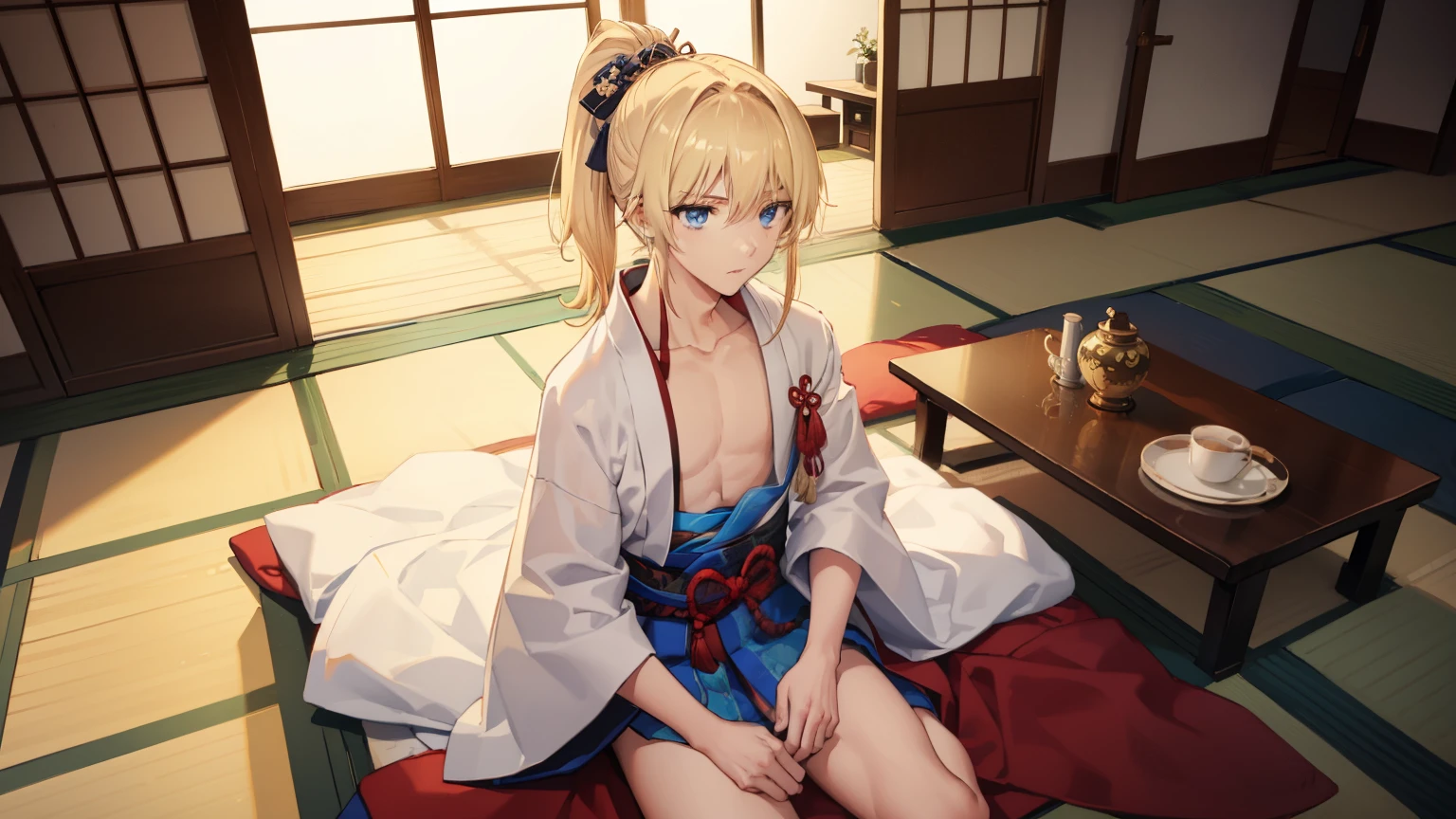 1boy，Masculinity，blond hair，ponytail，blue eyes，no bra，A Japanese-style room，late at night，alone，kimono，Sitting