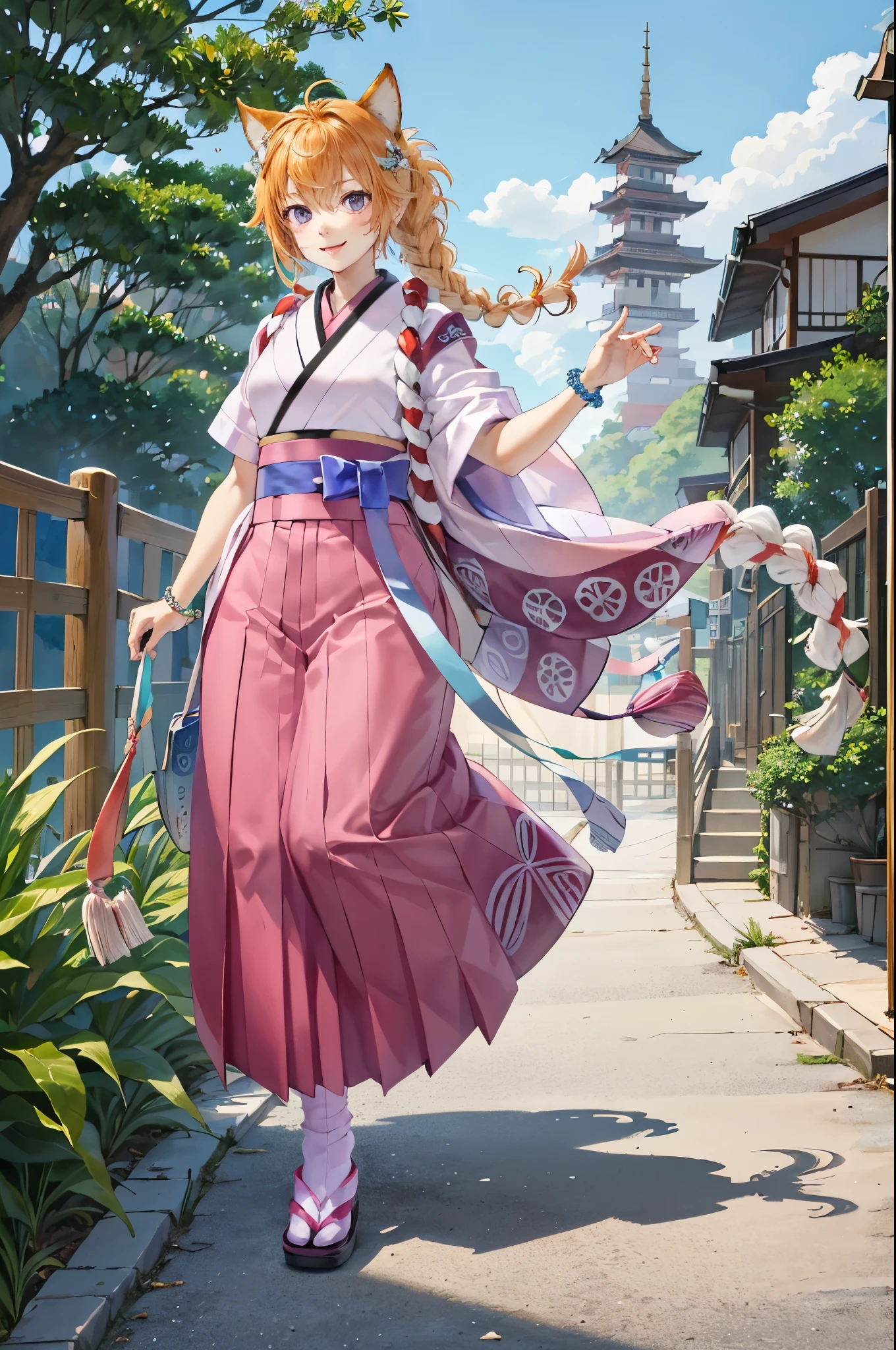 new_lyre,  single braid, cat tail, japanese clothes, bracelet, looking at viewer,  smile, kimono,  jewelry, tabi, hakama skirt, sandals,  gradient clothes,short sleeves, sash, wide sleeves, obi, white socks,bead bracelet, shimenawa , outdoors,(masterpiece, best quality, ultra-detailed, best shadow)