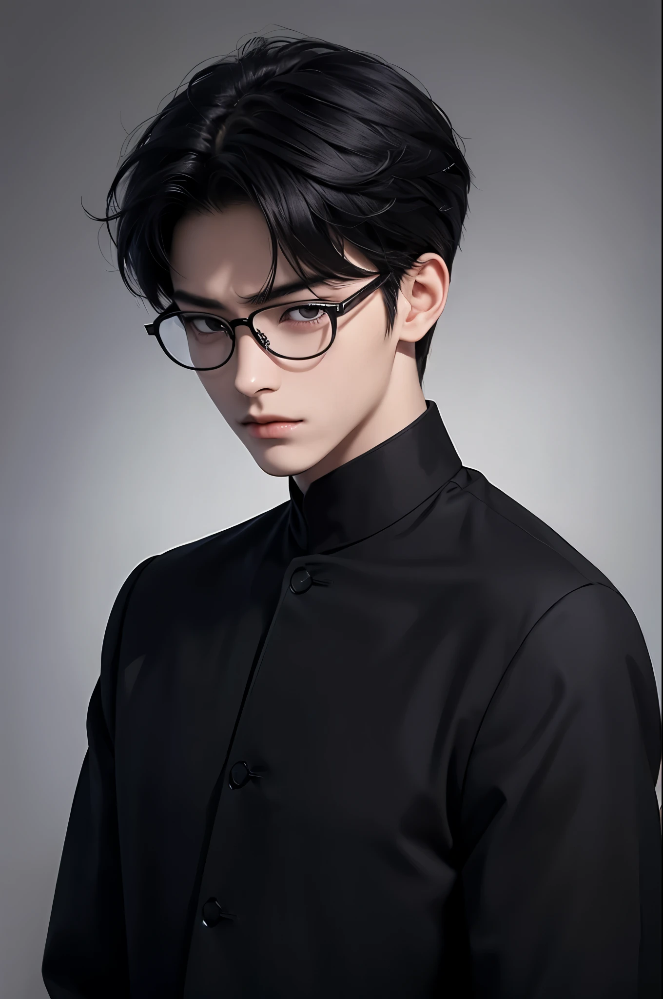 1 anime type boy with glasses, very handsome and tender, intelligent, kind but strict, short Korean hair to his forehead, dressed in a black uniform student, normal posture and look of determination, shy and reserved, thin