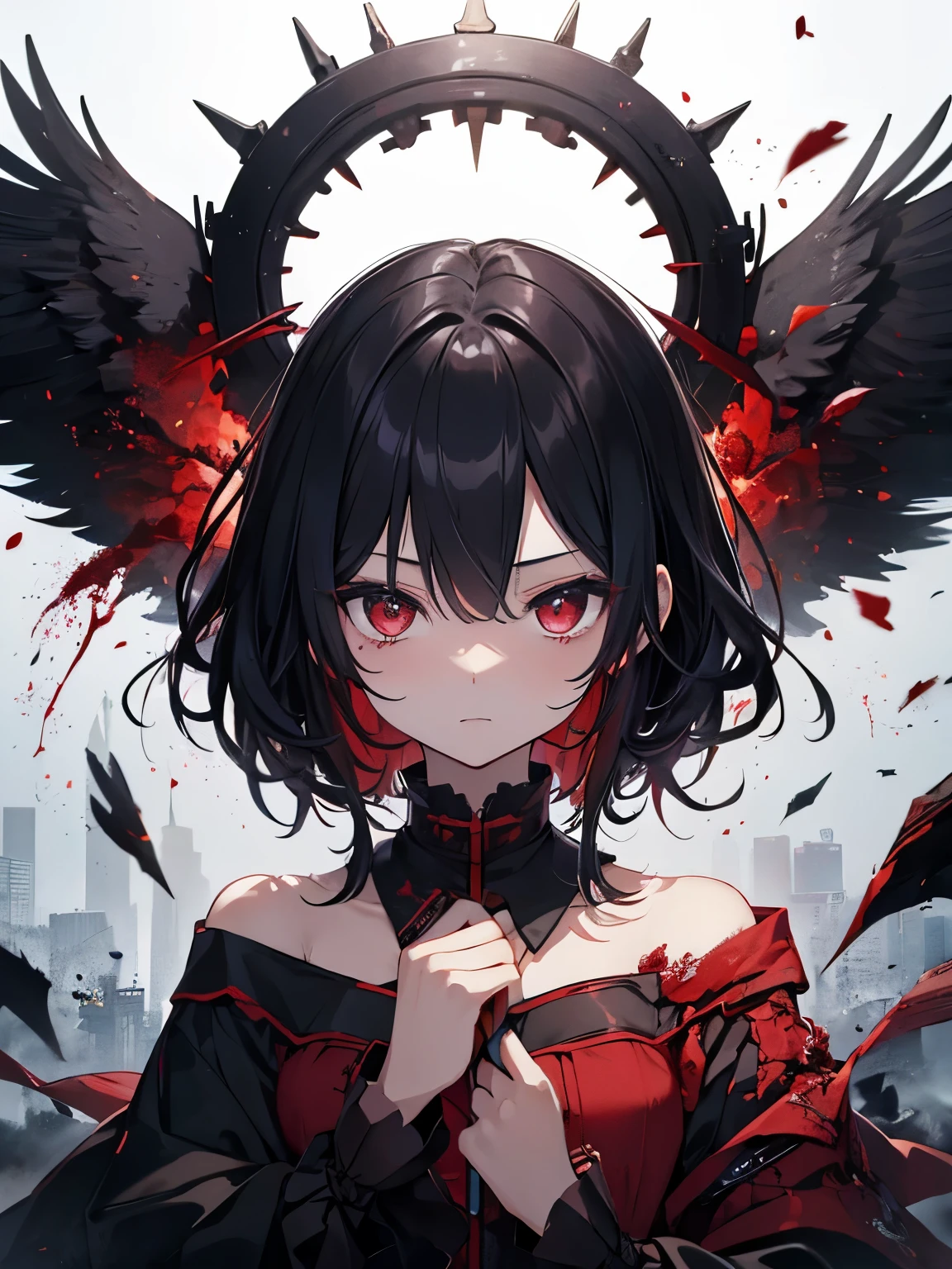 1 Japanese girl, exo-skeleton, intricate pattern, heavy metal, energy lines, with no face, glare eyes, chic, concentrated, blood red and black uniform, standing alone, moderno, citys, streets, dark clouds, thunderstorm, chuva pesada,, dramatic lighting,, (work of art:1.2), best qualityer, high resolution, Beautiful detailed, extremely detaild, perfect lighting,