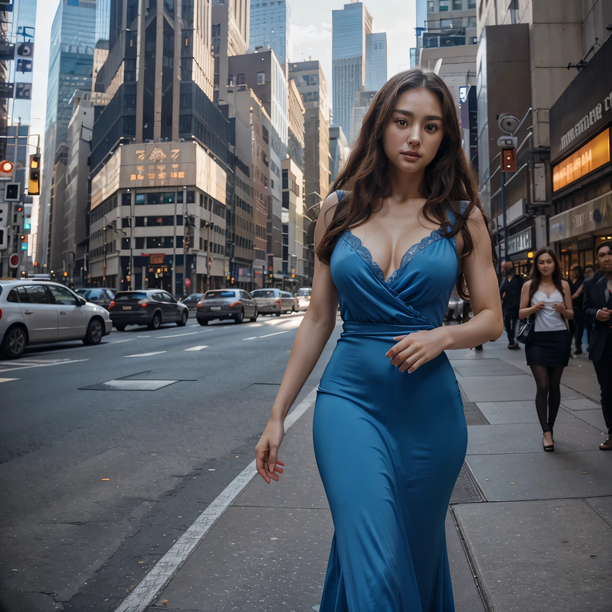 highly detailed stunningly gorgeous 25 year old Japanese woman in a long blue dress (big breast and buttocks: 0.6), pale skin, brown eyes, looking at the camera, walking in New York among giant skyscrapers and huge buildings , long curly hair, (perfect eyes:1.2), (perfect face:1.2), perfect hands, (perfect fingers:1.2), (perfect legs:0.5), (toned physique:1.2), high quality RAW photograph, hyper detailed, hyper realistic, amazing and beautiful, Hasselblad 35mm lens, ISO 400, face in frame, character centered in frame