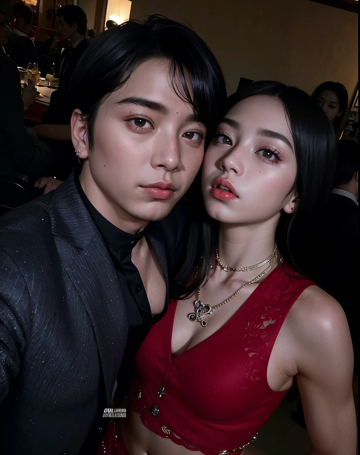Araffe e uma mulher posando para uma foto em um vestido vermelho, Imagem vazada, level, Jungkook, suave em _ Fundo, both have red lips, jia, Com ela longa, they are close to each other, foto filtrada, Filtragem, jennie blackpink, celebridade, Jossi de Blackpink, taejune kim, Casal encantador, Yanjun Chengt
