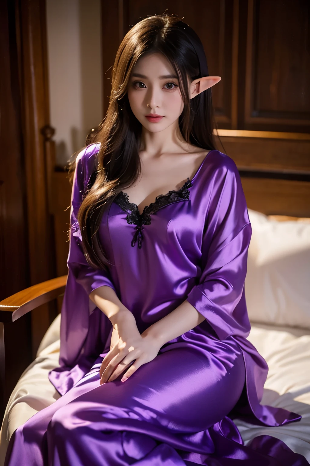 ((Top quality, 8k, Masterpiece: 1.3)), beauty, hidden face, 1 girl, beauty: 1.3, translucent erotic pajamas, long black hair, (sitting on bed), delicate face, highly detailed lips, detailed eyes, double eyelids, avoid deformity, avoid multiple hands and feet
