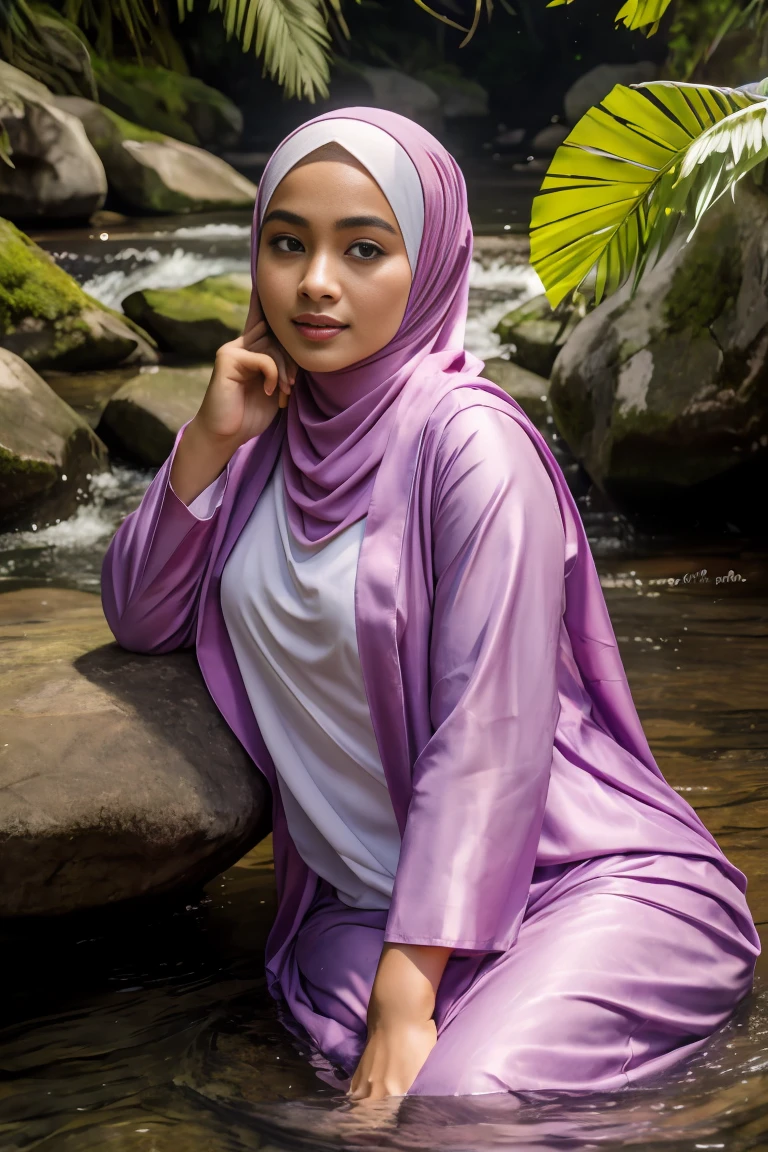 (masutepiece), (Best Quality), Realistic, Photorealism, 1 matured malay men 30 years old in muslim cloth,  young malay girl in hijab wearing beautiful muslimah cloth  20 - 23 years old. malay men with beautiful girl with beautiful perfect body, romantic. location: beautiful tropical river, professional photography, bright lighting, 28mm lens, Establishing shot, deep focus cinematography effect, Natural Lighting, pastel color grading, high quality, ultra detail, 8k resolution,