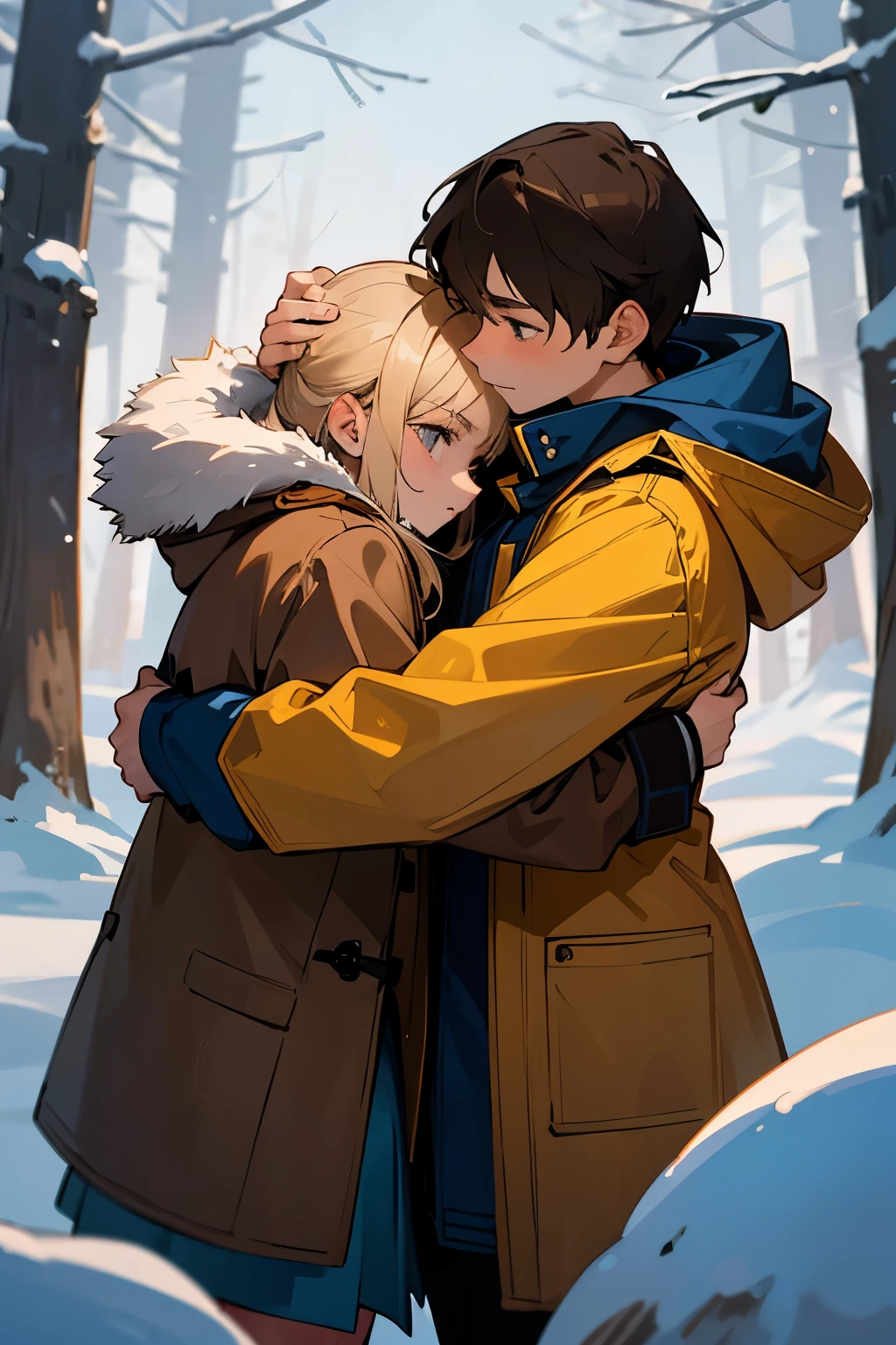Winter landscape, Winter Forest, winter, snowfall. Beautiful blonde girl , dressed in a yellow-brown jacket and a brown-eyed brunette boy of 13 years olddark blue jacket, Hugging each other
