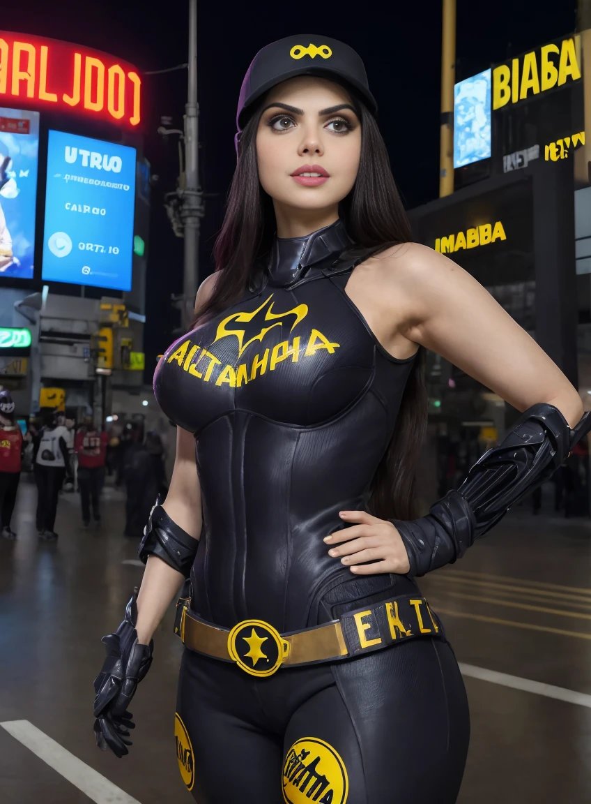 (obra-prima, melhor qualidade), 1girl, solo, Alexandra Daddario, batgirl terno, cabelo preto, olhos castanhos, sorriso,
akihabara, dos mortos, noite, de cima, Standing roof, neon sign, centro de jogos,