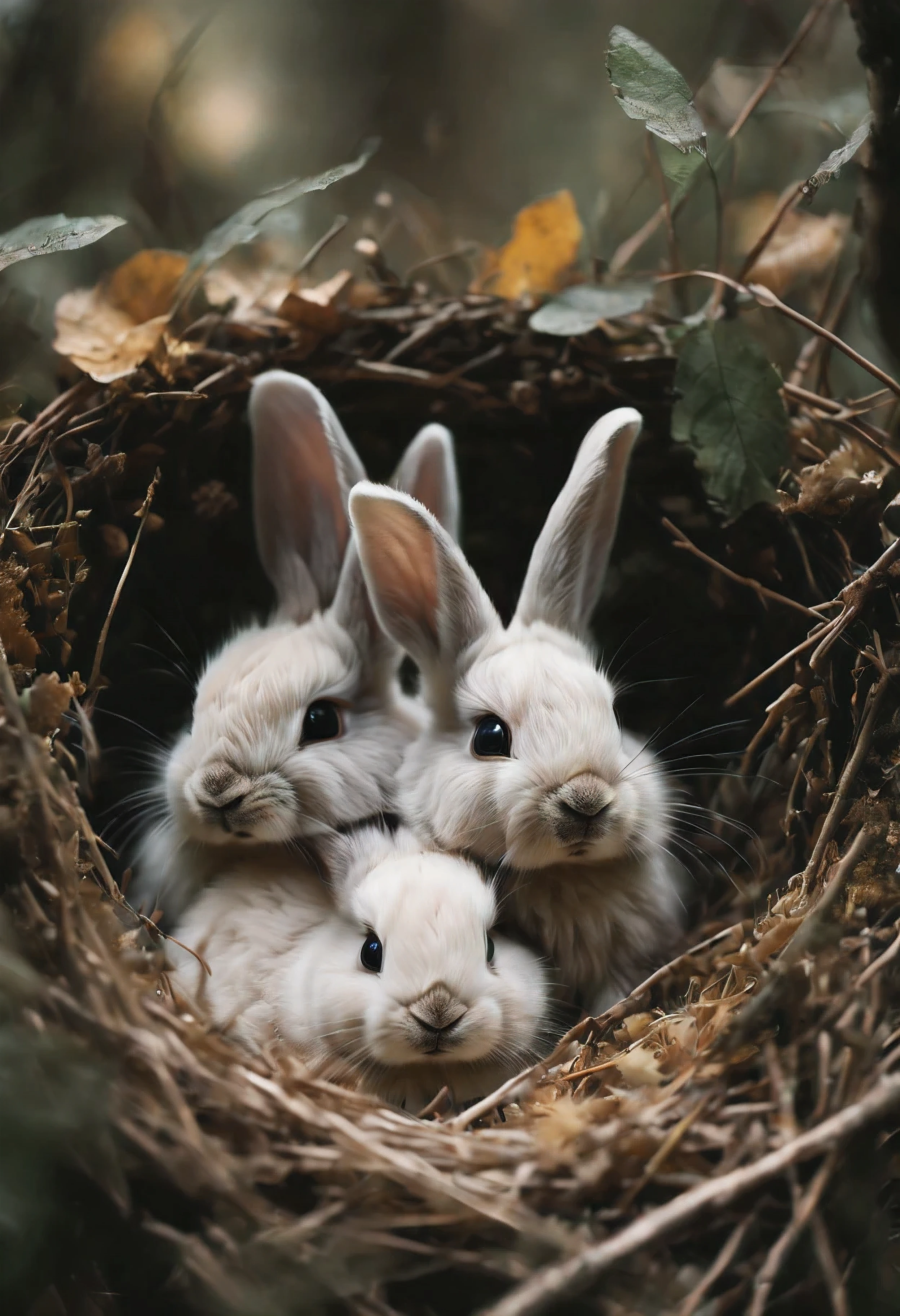 ((Masterpiece in maximum 16K resolution):1.6),((soft_color_photograpy:)1.5), ((soft_color_tones):1.4),((Movie-like still images and dynamic angles):1.3),((nature photography):1.5). | Macro shot, cinematic photo of baby rabbits at rabbit nest, cinematic photo of rabbit nest in the forest ground, overwhelmingly warm atmosphere, soft_color_tones, dark shot, film grain, extremely detailed, All captured with sharp focus.