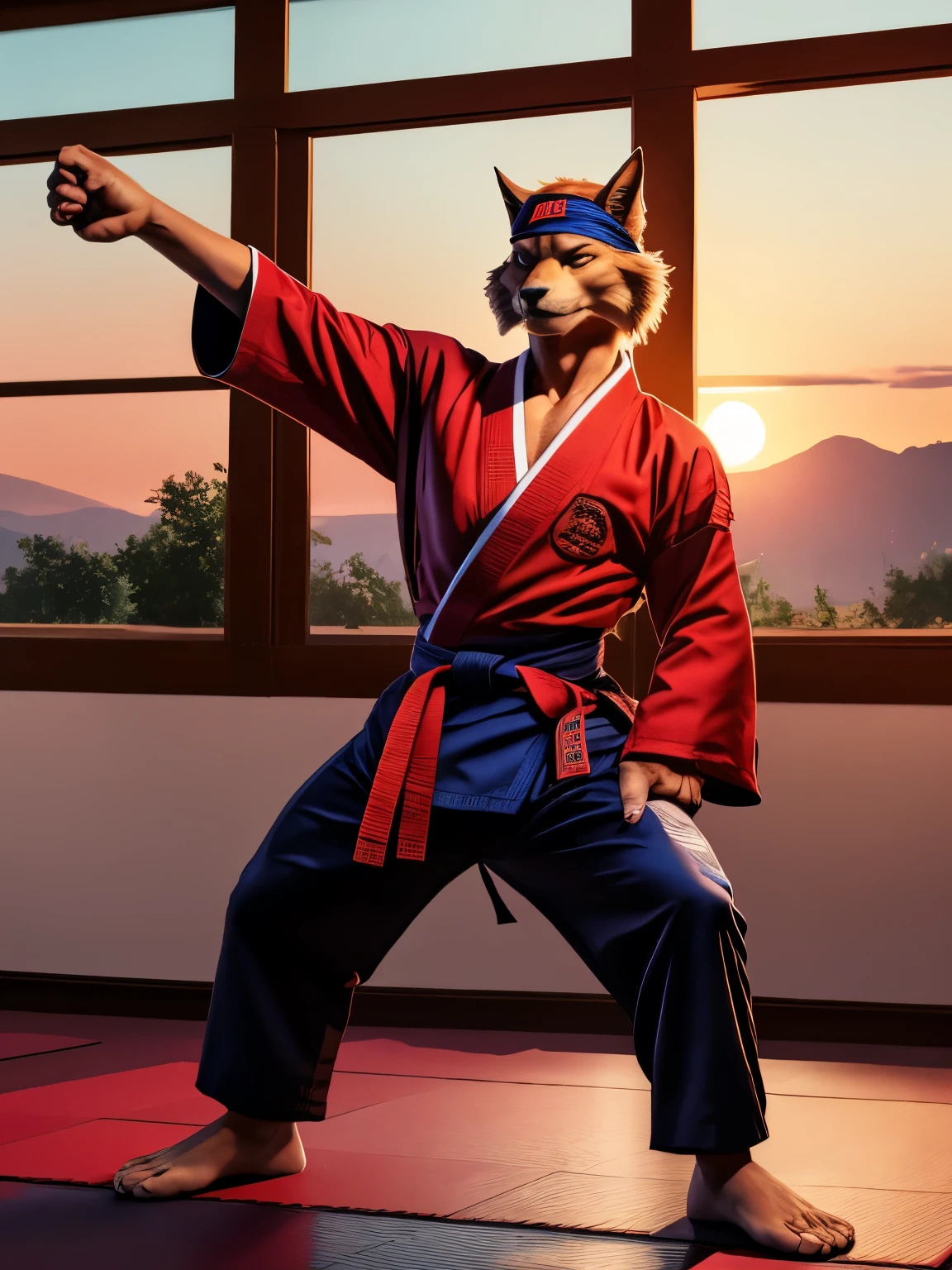 Barefoot Jason Clawson is doing a kick with his leg, wearing black karate kimono with red belt, red Headband bandana, long pants with heel grip, long karate kimono pants, training karate in gym, green glow in his eyes, brainwashed look. high resolution, anatomically correct, evening sky outside the window, swat kats character, martial art pose, heroic muay thai stance pose, fighting stance, kung-fu stance, high kick karate pose, full body action pose, black kimono, black long pants