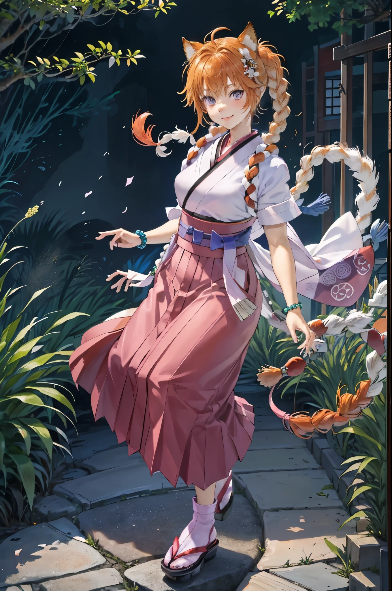 new_lyre,  single braid, cat tail, japanese clothes, bracelet, looking at viewer,  smile, kimono,  jewelry, tabi, hakama skirt, sandals,  gradient clothes,short sleeves, sash, wide sleeves, obi, white socks,bead bracelet, shimenawa , outdoors,(masterpiece, best quality, ultra-detailed, best shadow)