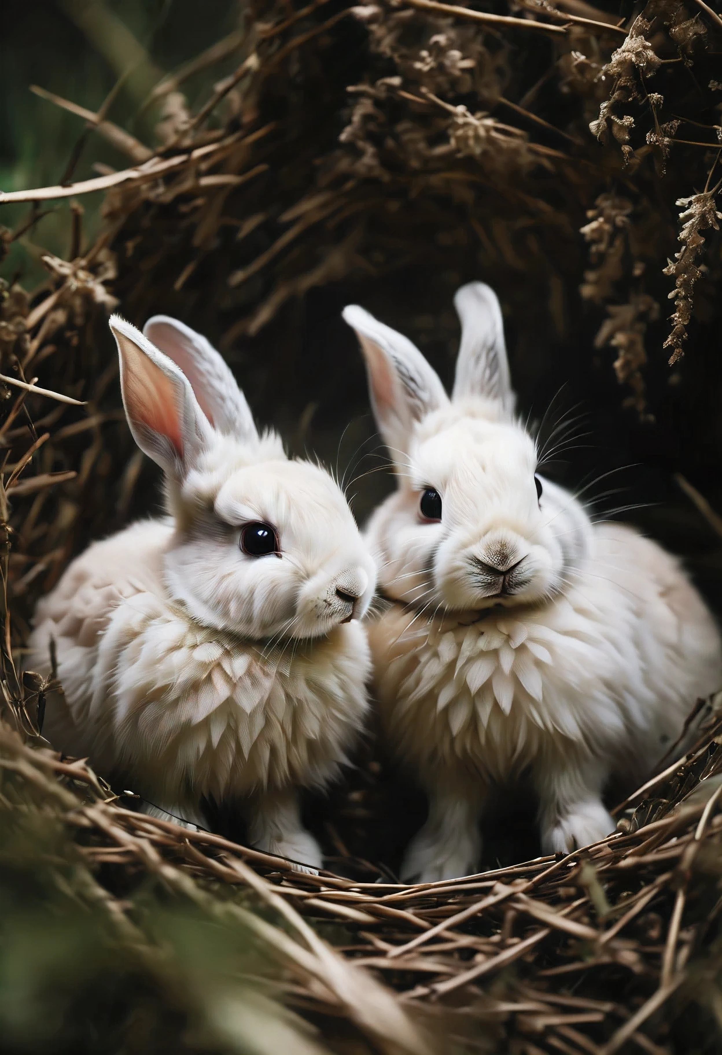 ((Masterpiece in maximum 16K resolution):1.6),((soft_color_photograpy:)1.5), ((soft_color_tones):1.4),((Movie-like still images and dynamic angles):1.3),((nature photography):1.5). | Macro shot, cinematic photo of  rabbits at rabbit nest, cinematic photo of rabbit nest in the forest ground, overwhelmingly warm atmosphere, soft_color_tones, dark shot, film grain, extremely detailed, All captured with sharp focus.