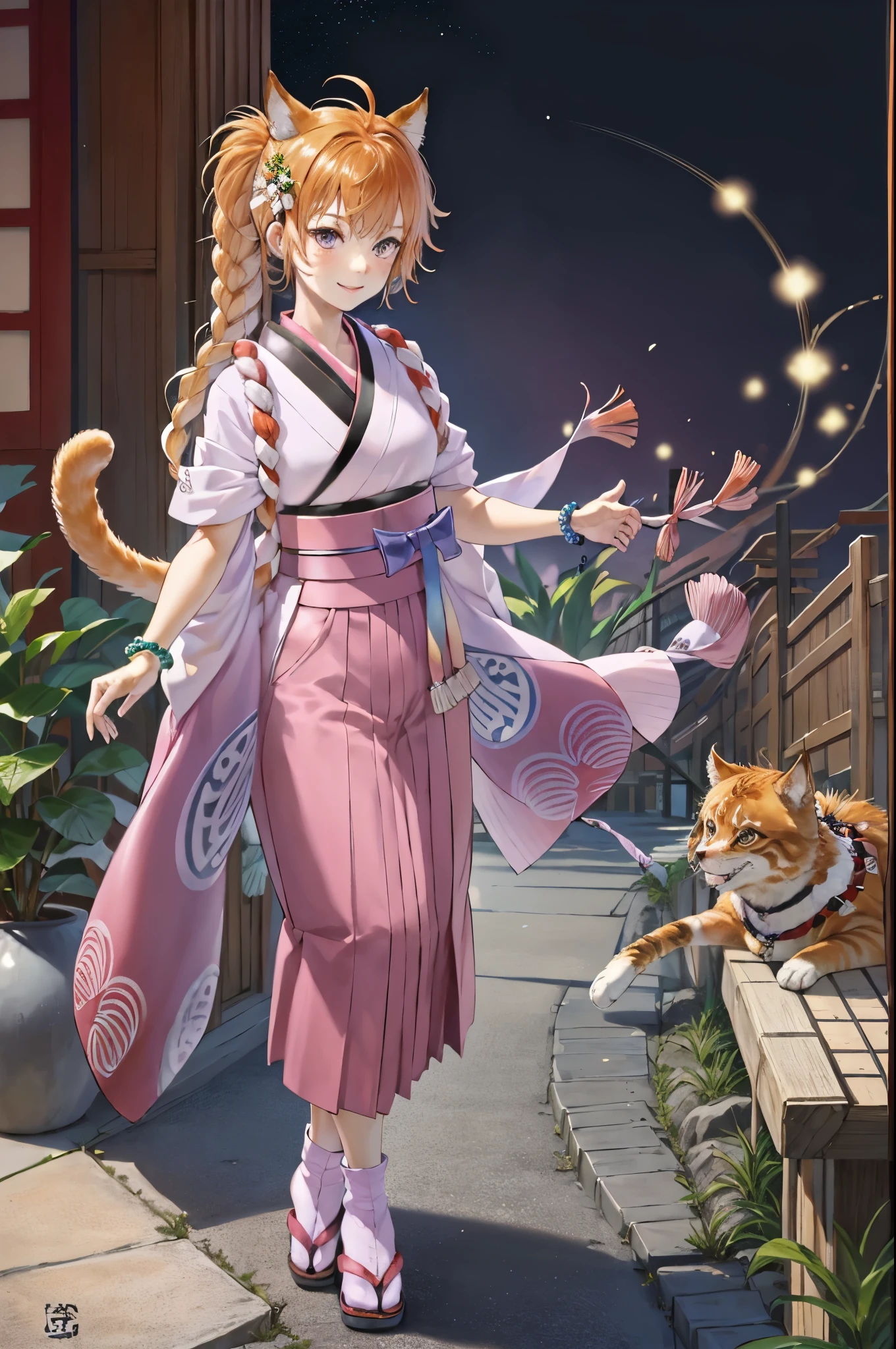 new_lyre,  single braid, cat tail, japanese clothes, bracelet, looking at viewer,  smile, kimono,  jewelry, tabi, hakama skirt, sandals,  gradient clothes,short sleeves, sash, wide sleeves, obi, white socks,bead bracelet, shimenawa , outdoors,(masterpiece, best quality, ultra-detailed, best shadow)