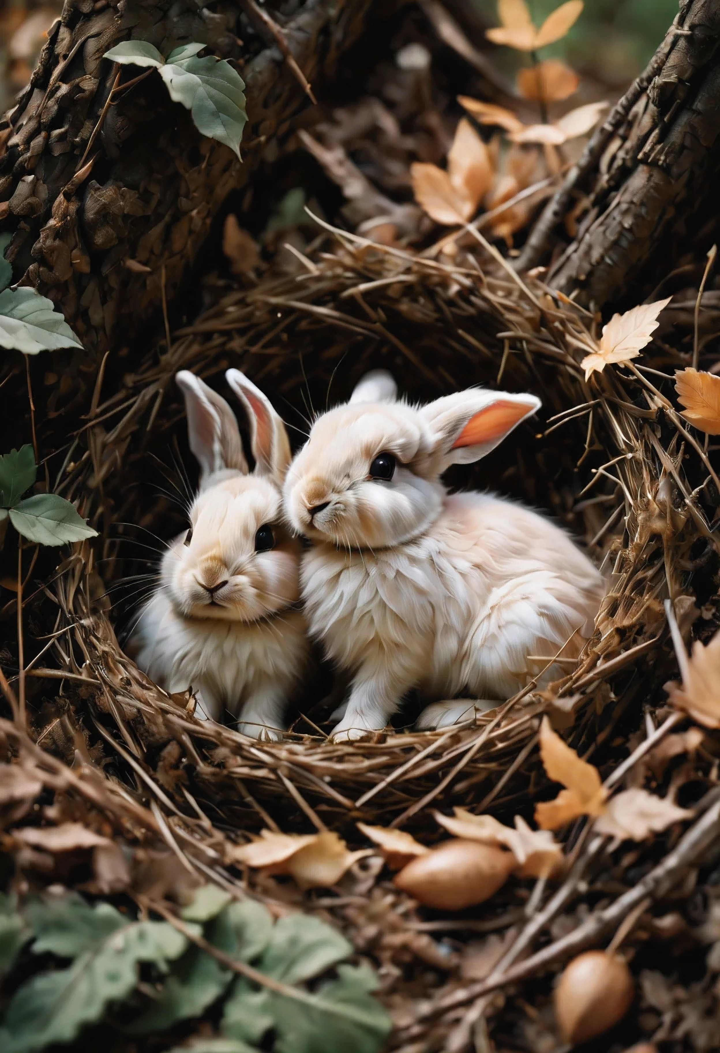 ((Masterpiece in maximum 16K resolution):1.6),((soft_color_photograpy:)1.5), ((soft_color_tones):1.4),((Movie-like still images and dynamic angles):1.3),((nature photography):1.5). | Macro shot, cinematic photo of baby rabbits at rabbit nest, cinematic photo of rabbit nest in the forest ground, overwhelmingly warm atmosphere, soft_color_tones, dark shot, film grain, extremely detailed, All captured with sharp focus.