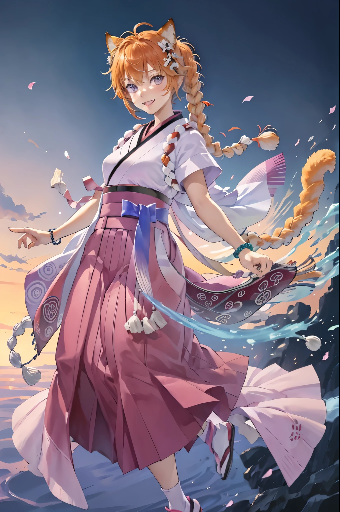 new_lyre,  single braid, cat tail, japanese clothes, bracelet, looking at viewer, upper body, cowboy shot, smile, kimono,  jewelry, tabi, hakama skirt, gradient clothes,short sleeves, sash, wide sleeves, obi, white socks,bead bracelet, shimenawa , outdoors,(masterpiece, best quality, ultra-detailed, best shadow)