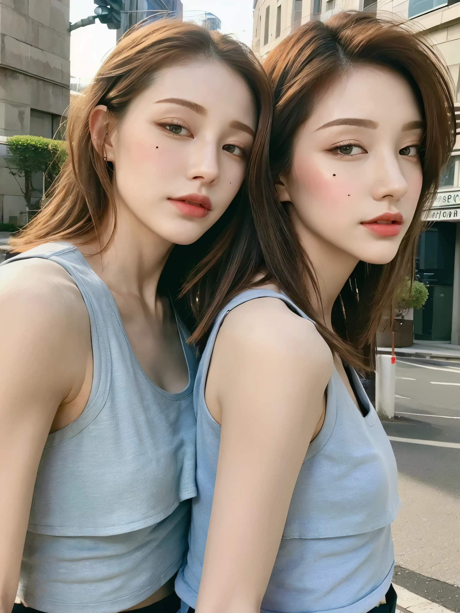 ((Best quality, 8k, Masterpiece :1.3)), Sharp focus :1.2, Perfect Body Beauty:1.4, Slim Abs:1.2, ((Layered hairstyle:1.2)), (Tank top shirt:1.1 ), (Street:1.2), Highly detailed face and skin texture, Detailed eyes, Double eyelids, off-the-shoulder top,