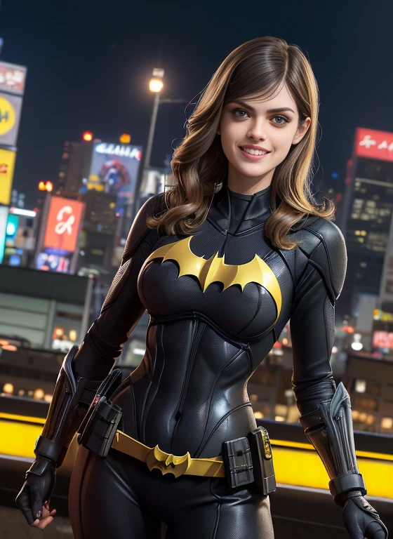 (obra-prima, melhor qualidade), 1girl, solo, Alexandra Daddario, batgirl terno, cabelo preto, olhos castanhos, sorriso,
akihabara, dos mortos, noite, de cima, Standing roof, neon sign, centro de jogos,