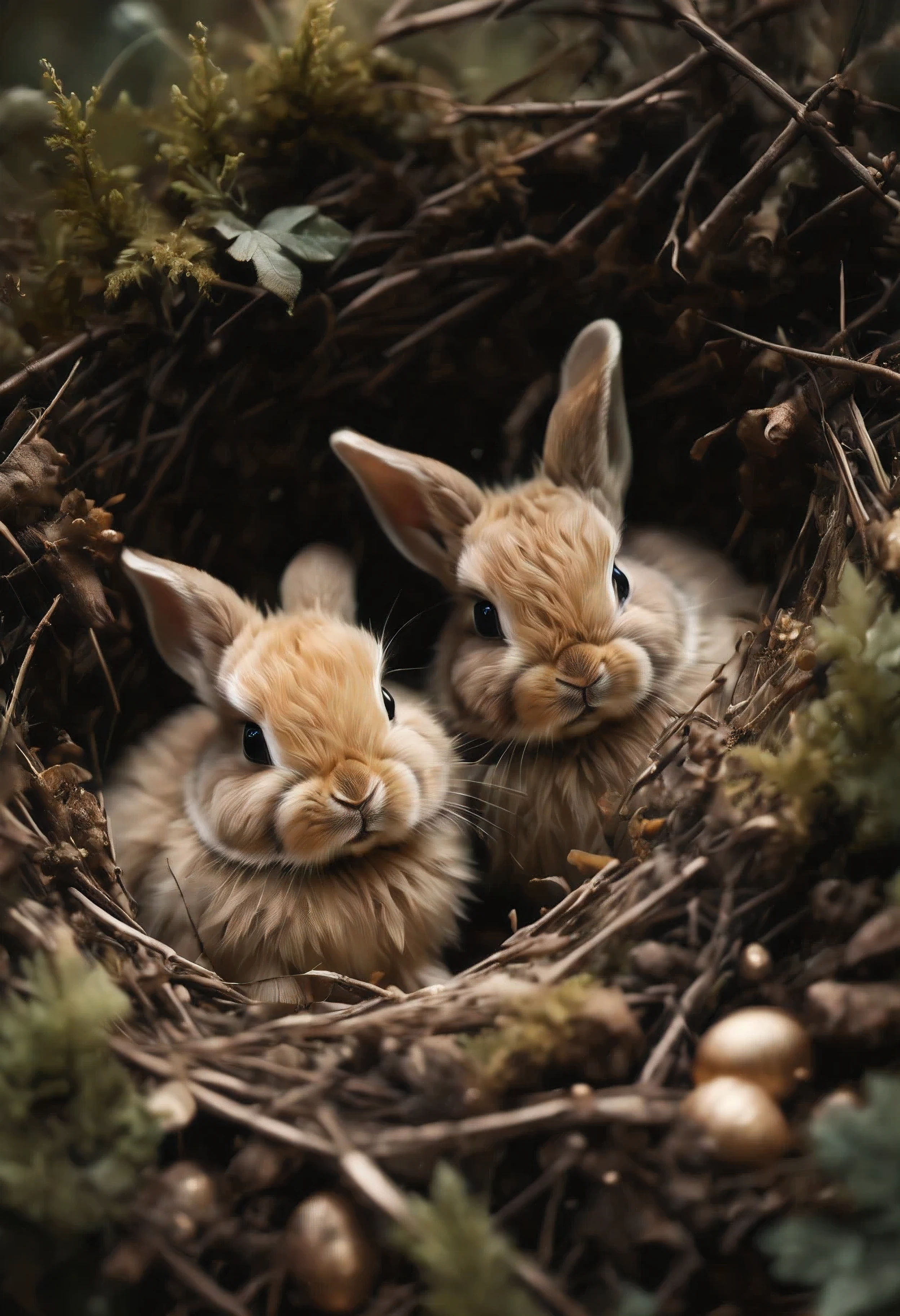 ((Masterpiece in maximum 16K resolution):1.6),((soft_color_photograpy:)1.5), ((soft_color_tones):1.4),((Movie-like still images and dynamic angles):1.3),((nature photography):1.5). | Macro shot, cinematic photo of baby rabbits at rabbit nest, cinematic photo of rabbit nest in the forest ground, overwhelmingly warm atmosphere, soft_color_tones, dark shot, film grain, extremely detailed, All captured with sharp focus.