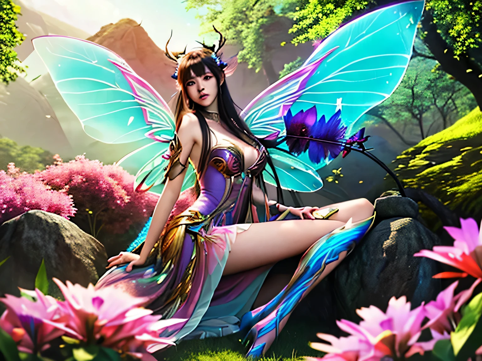 there is a woman sitting on a rock with a fairy wings, fantasy art style, extremely detailed artgerm, ross tran 8 k, by Yang J, fanart best artstation, ross tran style, digital fantasy art ), artwork in the style of guweiz, insect trainer girl, anime fantasy artwork, space flower fairy, beautiful digital artwork, by Ross Tran