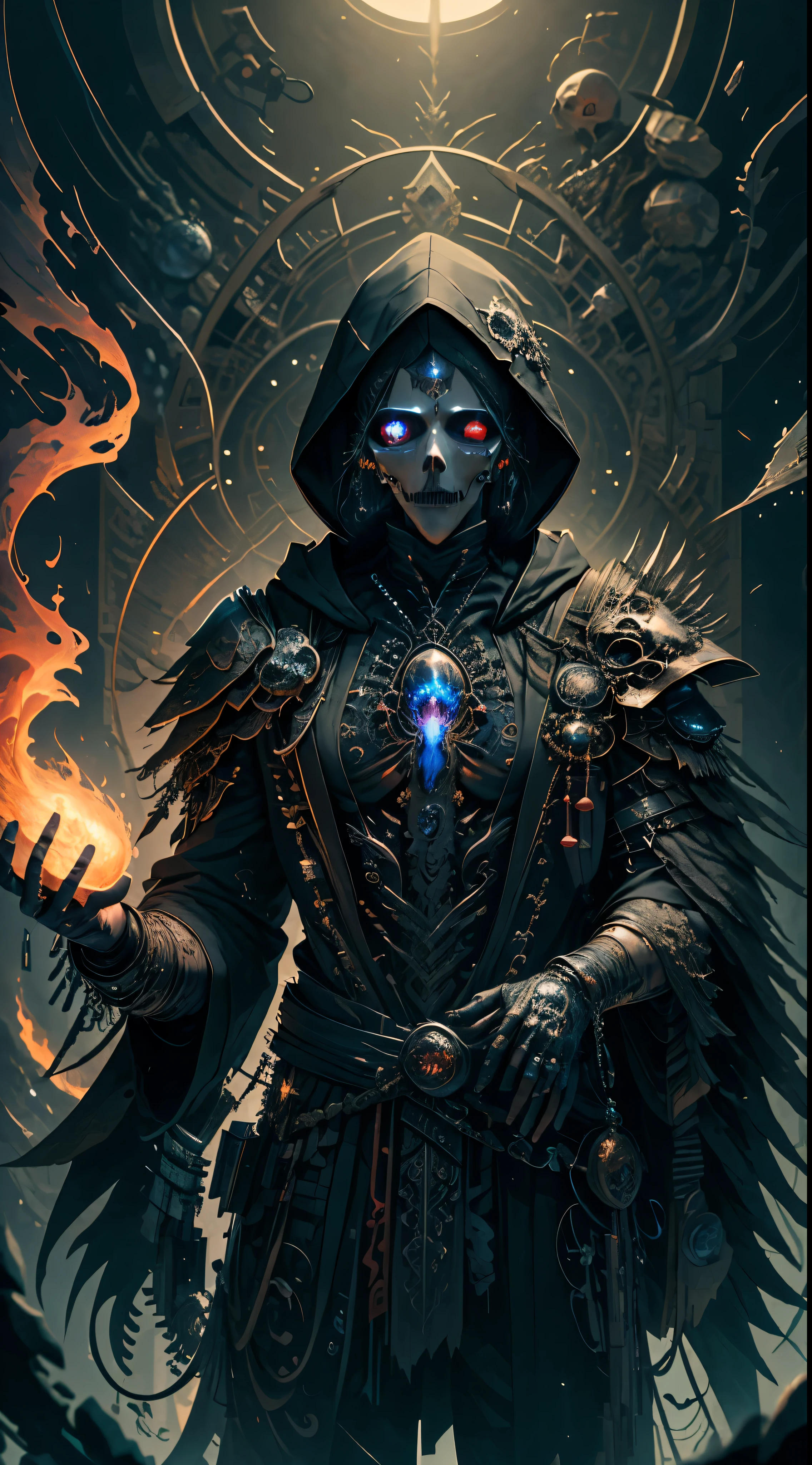 hood, skull, skeleton, solo, 1boy, male focus, fire, robe, hood up, cloak, upper body, copyright name, black background,skull face,skull tattoo on facezdeath,soul,soul reaper , holding a syth,syth welder