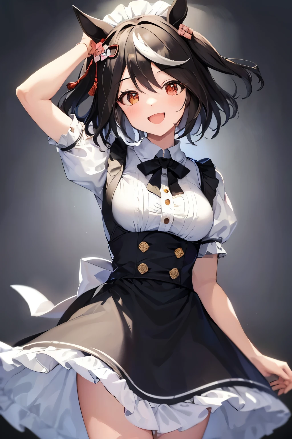 ((masterpiece,highest quality)), disorganized, Kitasan_black_umamusume,   animal ears, short hair, striped hair, hair ornaments, medium breasts, horse tail, wearing a maid outfit,  alone, Smile with open mouth, looking at the viewer, cowboy shot,