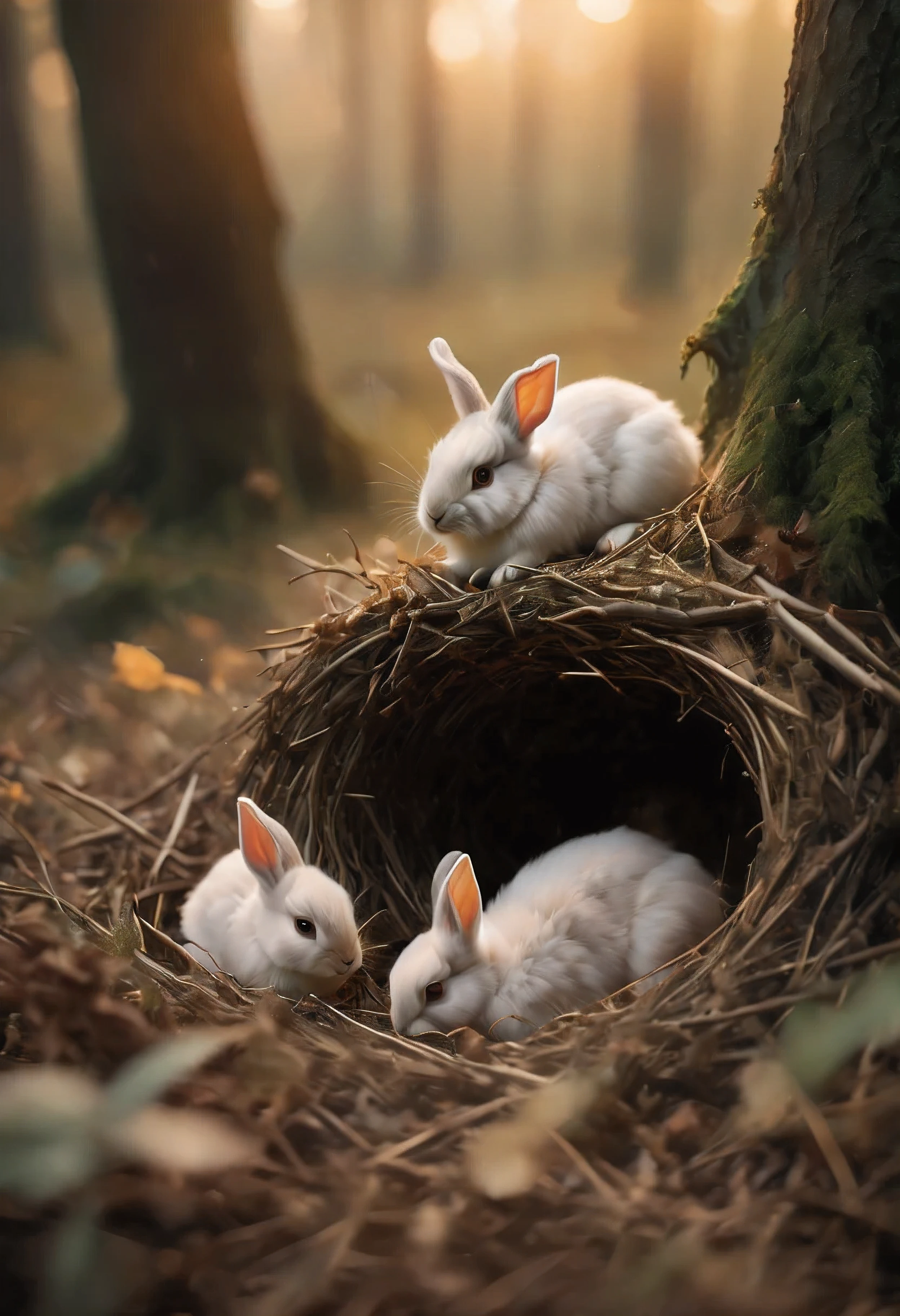 ((Masterpiece in maximum 16K resolution):1.6),((soft_color_photograpy:)1.5), ((soft_color_tones):1.4),((Movie-like still images and dynamic angles):1.3),((nature photography):1.5). | Macro shot, cinematic photo of  rabbits at rabbit nest, cinematic photo of rabbit nest in the forest ground, overwhelmingly warm atmosphere, soft_color_tones, dark shot, film grain, extremely detailed, All captured with sharp focus.
