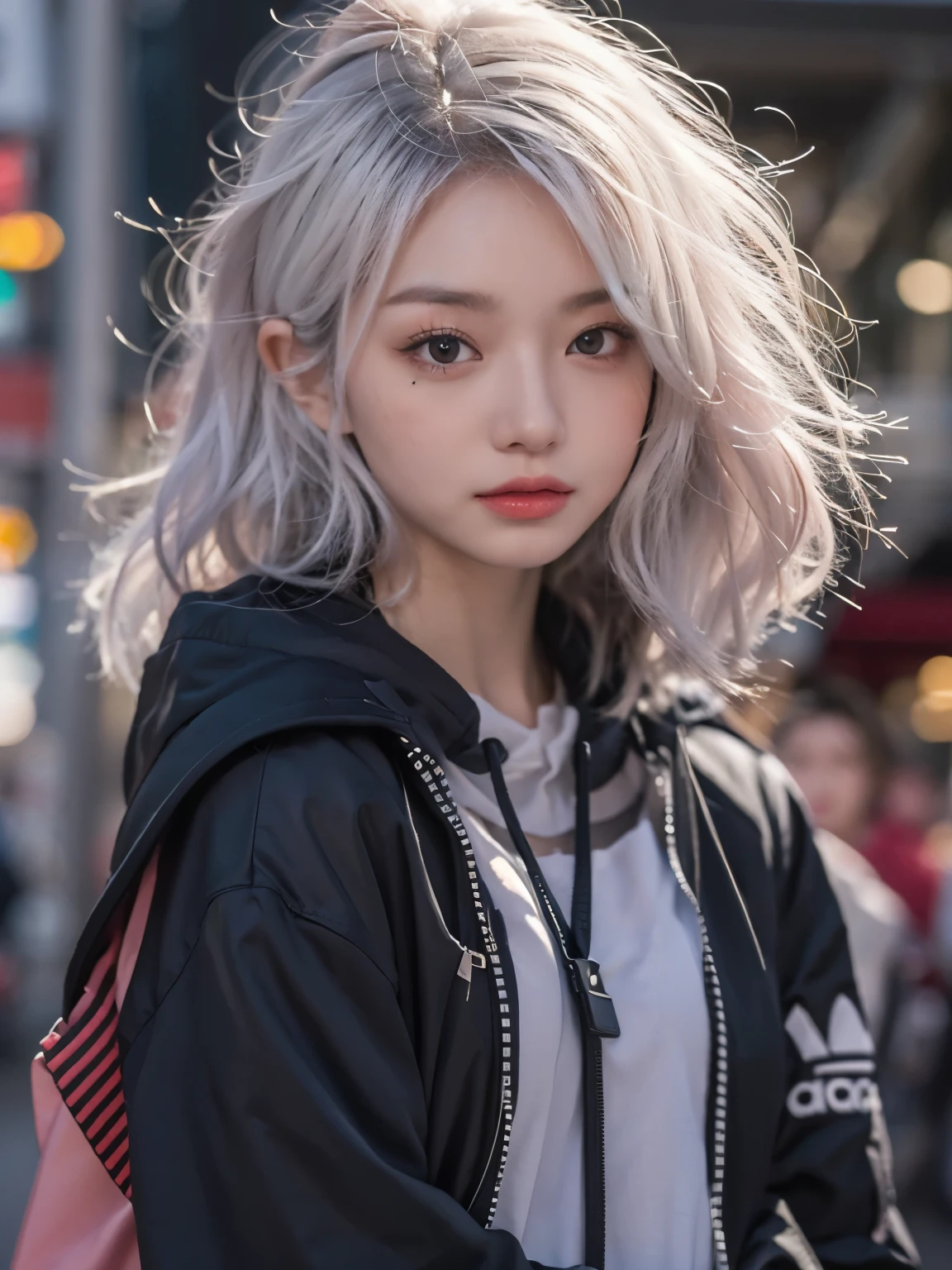 wearing adidas big black track jacket, wearing big cargo pants, kawaii, Bewitching eyes, well-balanced eyes, //street snap // ((facing viewer)), //at the street, //japanese lady, pale skin, //white hair, //((standing)), high quality:1.3, Professional lighting:2.0 realistic:1.2, 4k resolution, detailed skin, masterpiece:1.1, big breasts, fullbody, cleavage, 