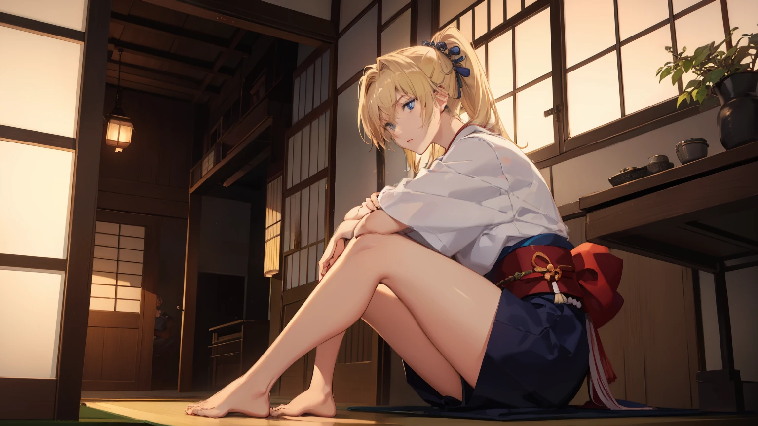 A blonde-haired caucasian queen without panties is standing in a Japanese-style school with tatami mats. no panties, high-socks, reality, masterpieces, cute, beautiful, slender, knee-high socks, Emotionless look on her face, pink panties