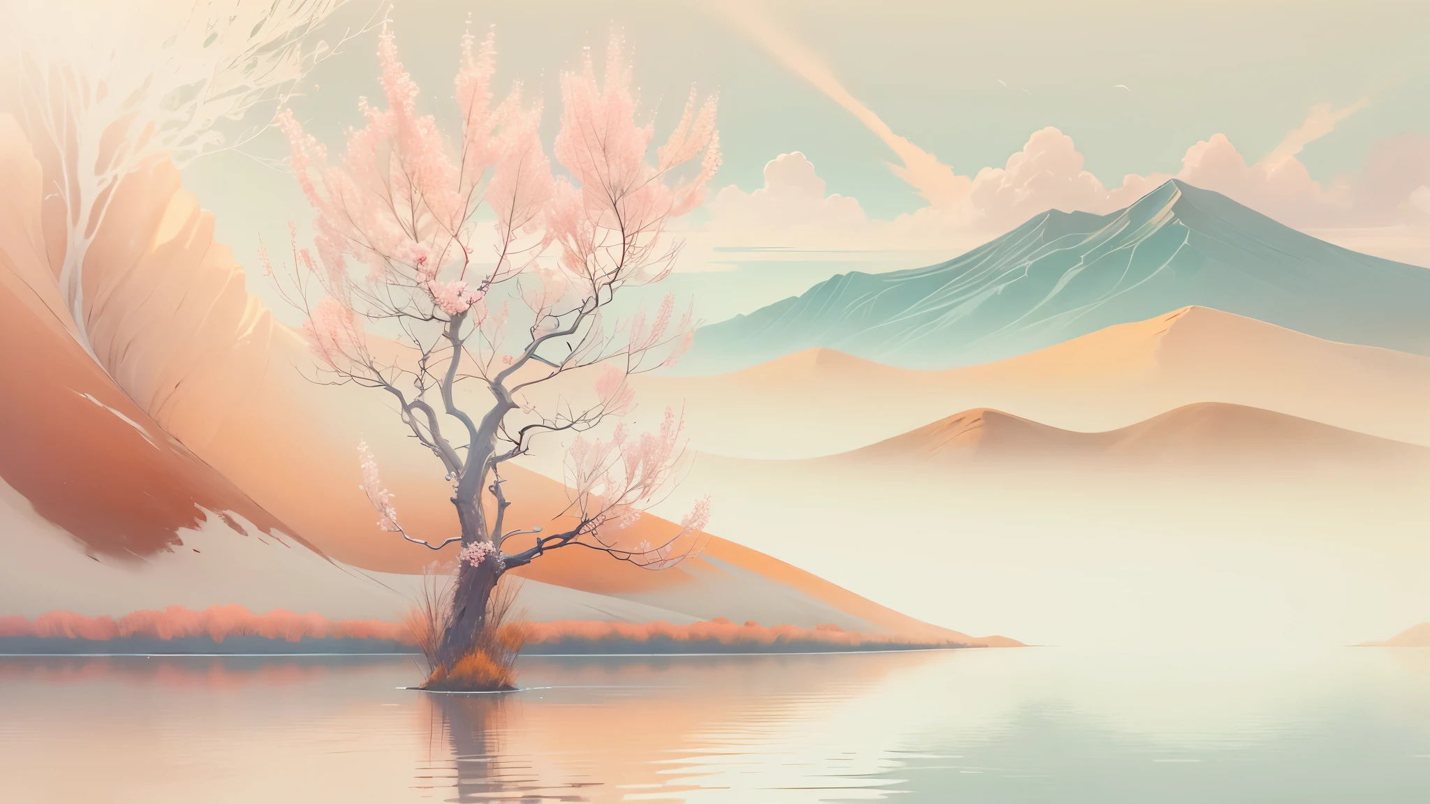 (simple,minimalistic,boho style,soft colors), oil painting, detailed brushstrokes, small canvas, peaceful scenery, delicate flowers, warm sunlight, dreamy atmosphere,distant mountains, tranquil lake, soft pastel tones, natural textures, subtle patterns, gentle curves, organic shapes, flowing lines, harmonious composition