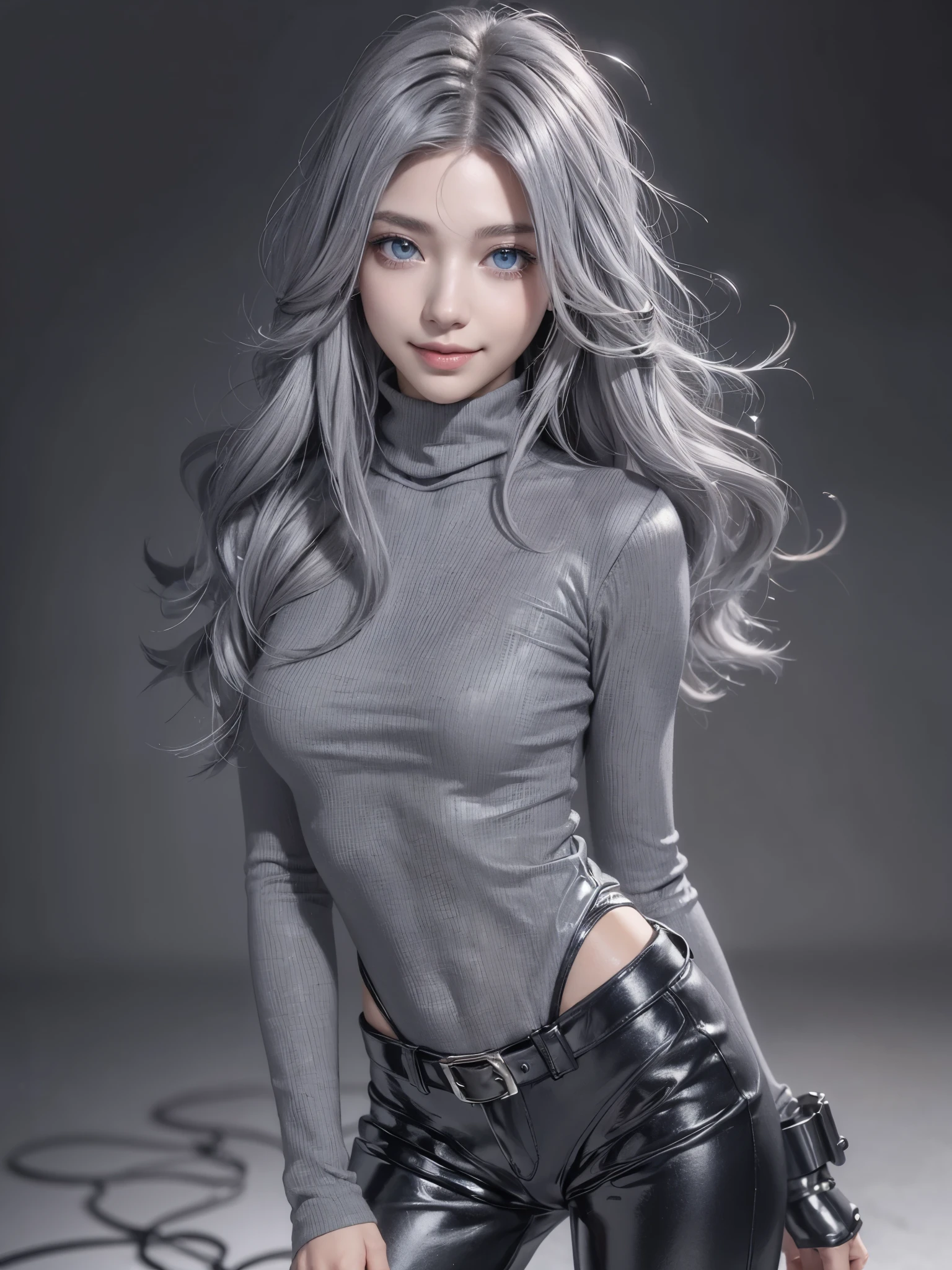 (anime, Unreal:1.2), (portrait:1.6), (brand collection, fashion brand theme:1.6), (detailed, beautiful, masterpiece, best quality:1.2), _ BREAK (1girl:1.2), 22 years old, 160 cm, Japanese cute model, Tightened all body, medium Breasts, small head, small face, diamond Face, small nose, Sharp Faceline, Detailed face, Detailed eyes, young hands and fingers, beautiful hands and fingers, five fingers, _ BREAK (happy, smile, Glossy Lips:1.3), (Light color lips, Half open mouth, beautiful Teeth:1.2), (dropy eyes, Double eyelid, light color eyes, Shiny eyes:1.5), Shiny skin, _ BREAK (arranged hairstyle:1.4), (gray hair:1.4), shiny hair, _ BREAK (gray simple blurry background:1.4), (mist, fog:1.4), _ BREAK (cowboy shot:1.4), (standing, sexy model pose:1.2), BREAK (Cyberpunk and wool fusion:1.3), ((wear an oversized wool turtleneck with rubberized surface) for a luxurious, futuristic, bodysuit, High legs, and warm feel:1.2), (large sleeves:1.2), (7/8 length:1.2), (simple yet cyberpunk-themed design:1.3),
BREAK (black and gray theme:1.2),  (Low rise skinny pants with a subtle reflective pattern:1.2), (ankle boots with sleek metal details:1.2), (edgy and versatile:1.2),
BREAK (gray background:1.4), (confident standing pose:1.2),