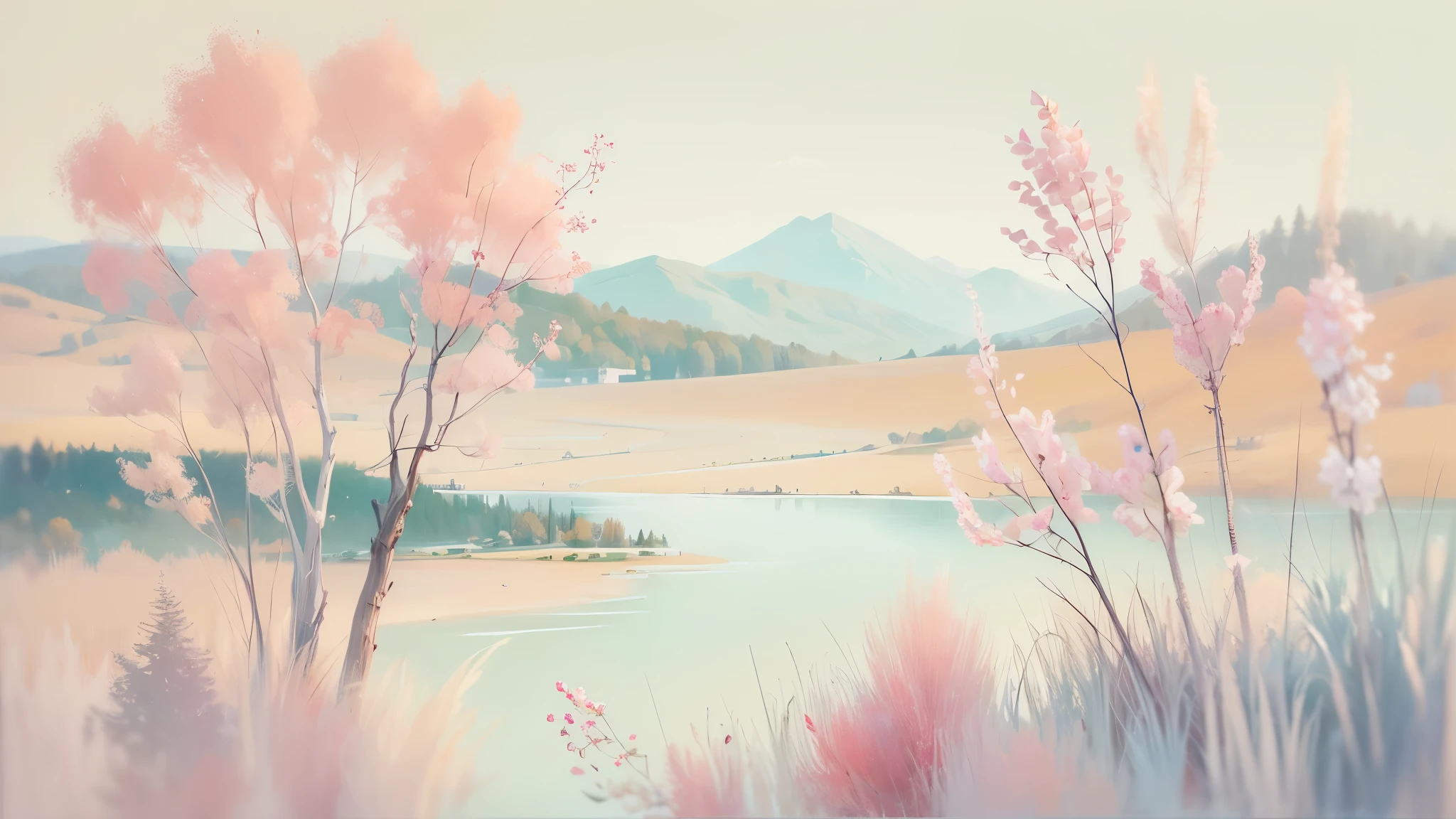 (simple,minimalistic,boho style,soft colors), oil painting, detailed brushstrokes, small canvas, peaceful scenery, delicate flowers, warm sunlight, dreamy atmosphere,distant mountains, tranquil lake, soft pastel tones, natural textures, subtle patterns, gentle curves, organic shapes, flowing lines, harmonious composition