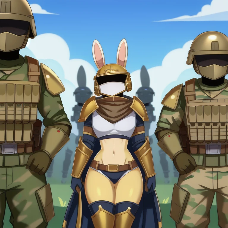 Group, male, rabbit, yellow colored fur, lean body, anthropomorphic rabbit, wearing armor on torso, wearing helmet that doesn't cover face, army of soldiers, millionsof troops