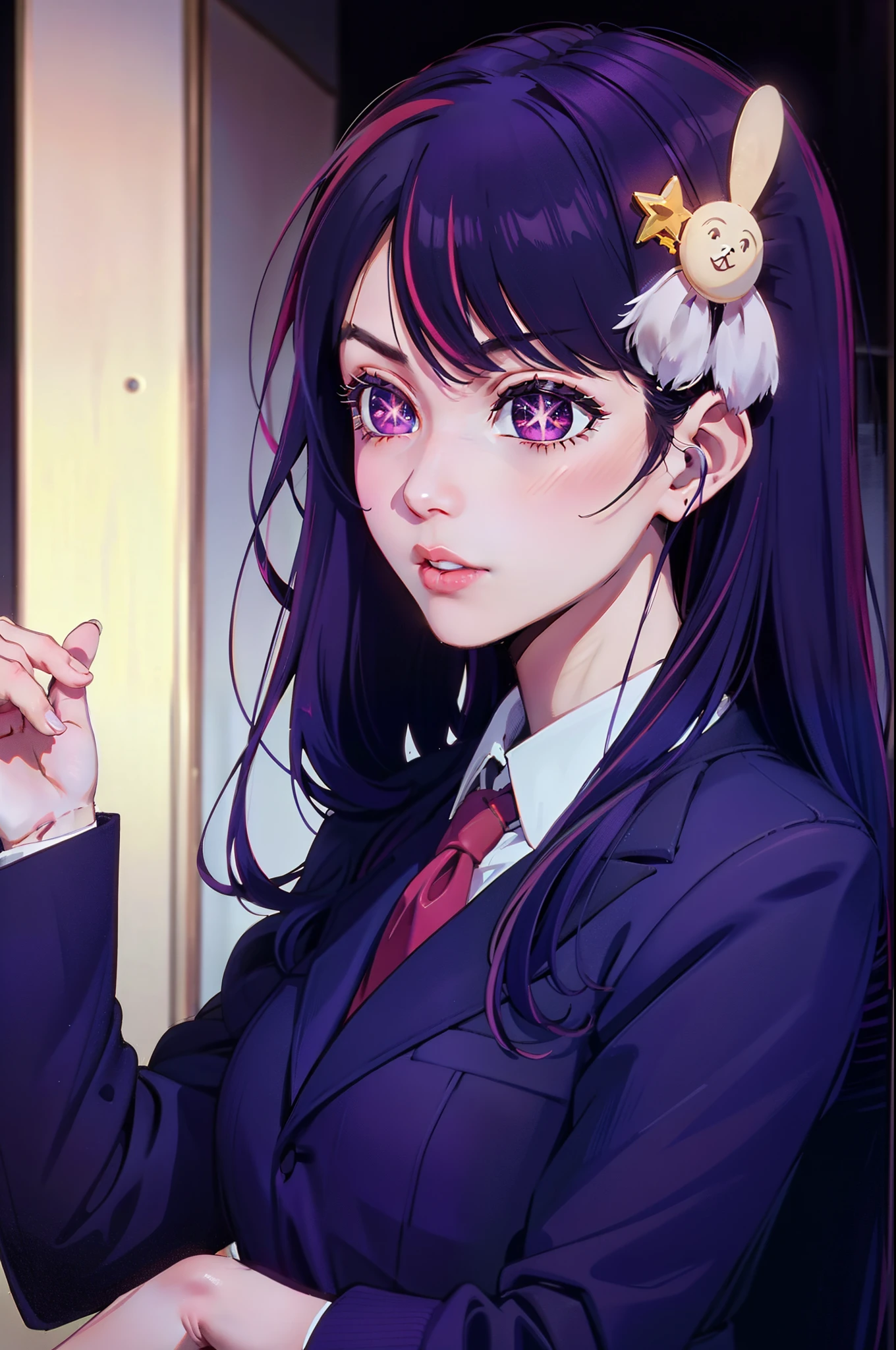 Hoshino Ai, long hair, purple hair, streaked hair ,purple eyes, star-shaped pupils, hair ornament, Business Suit