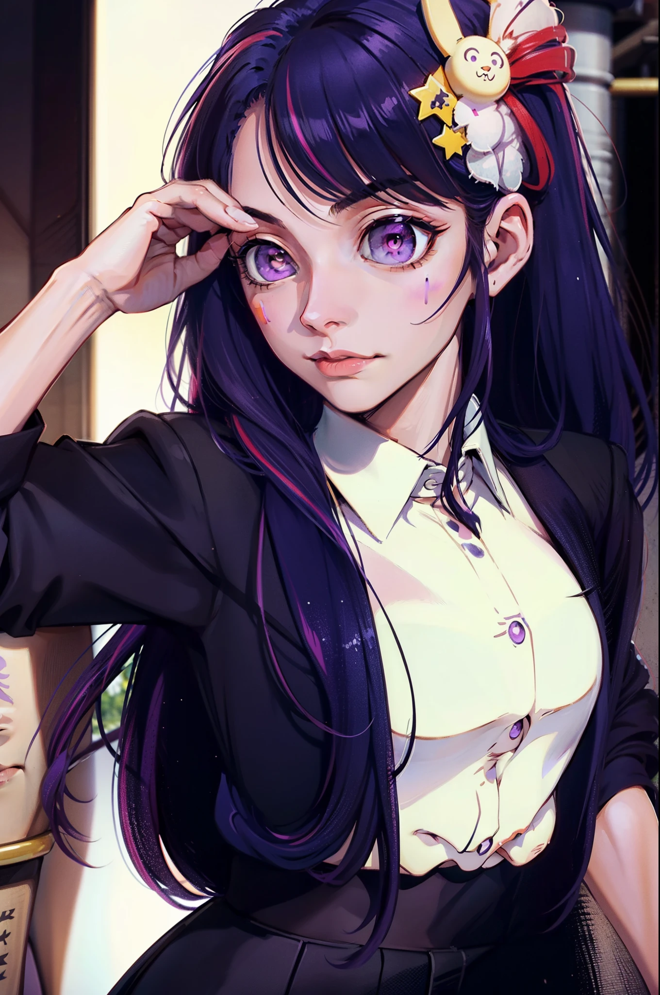 Hoshino Ai, long hair, purple hair, streaked hair ,purple eyes, star-shaped pupils, hair ornament, Business Suit