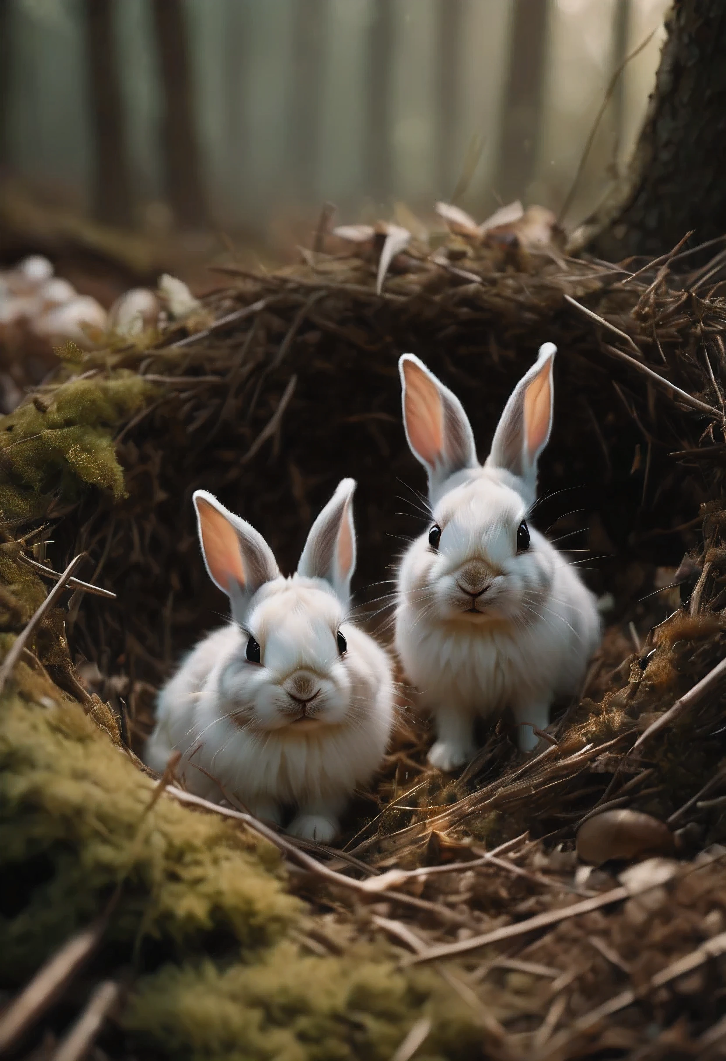 ((Masterpiece in maximum 16K resolution):1.6),((soft_color_photograpy:)1.5), ((soft_color_tones):1.4),((Movie-like still images and dynamic angles):1.3),((nature photography):1.5). | Macro shot, cinematic photo of baby rabbits at rabbit nest, cinematic photo of rabbit nest in the forest ground, overwhelmingly warm atmosphere, soft_color_tones, dark shot, film grain, extremely detailed, All captured with sharp focus.
