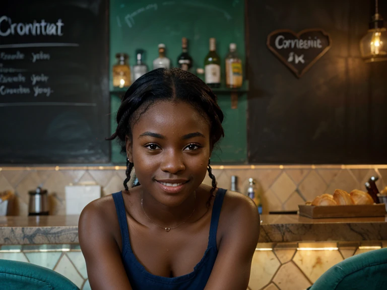 Young African girl, dark complexion, combed hair, gorgeous, wearing a blue basin, broad smile, sitting in a bar, handmade decoration, play of lights, one croissant and one half croissant, Green background