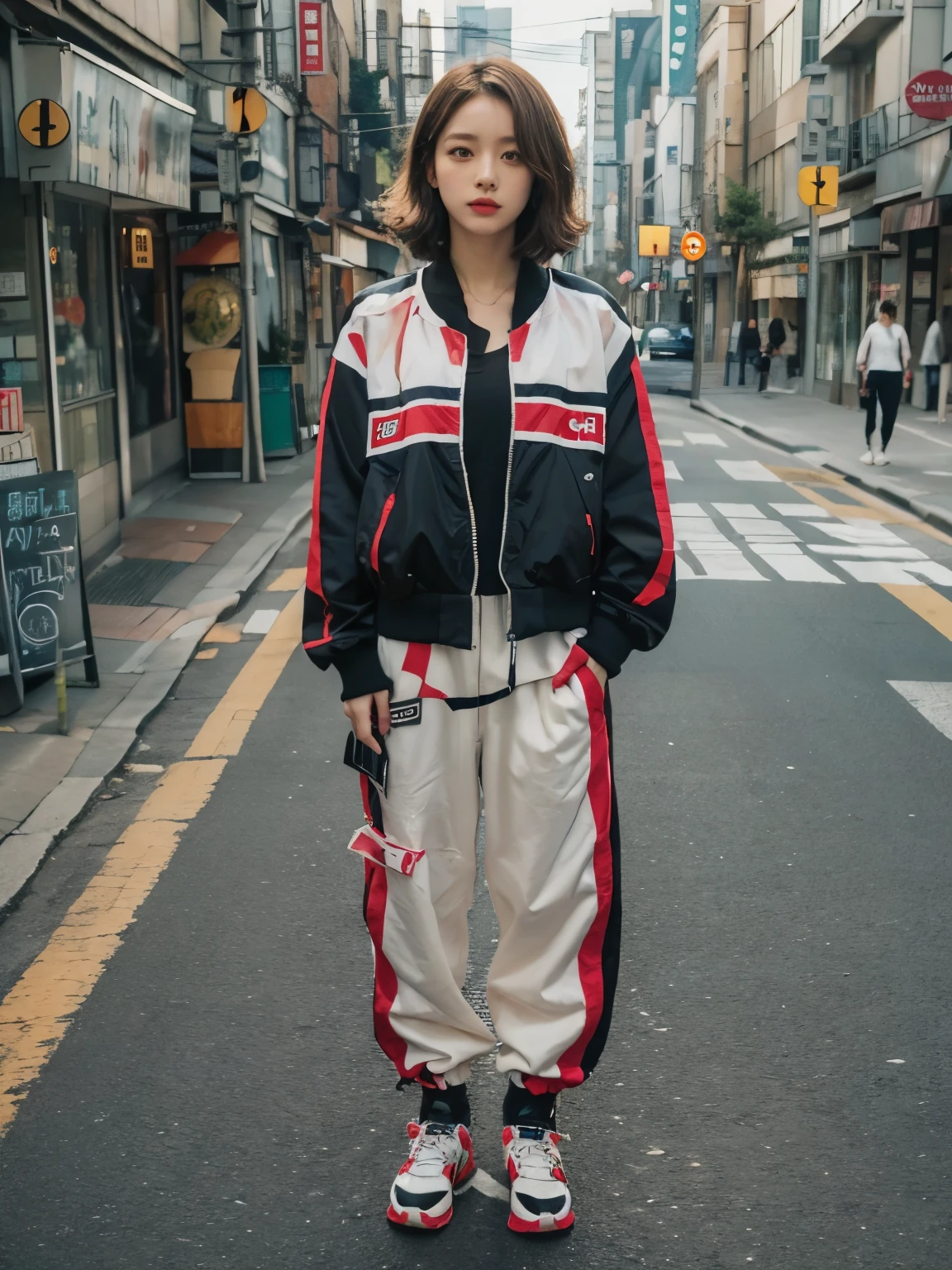 wearing gucci big black track jacket, wearing big cargo pants, kawaii, Bewitching eyes, well-balanced eyes, //street snap // ((facing viewer)), //at the street, //japanese lady, pale skin, //short hair, //((standing)), high quality:1.3, Professional lighting:2.0 realistic:1.2, 4k resolution, detailed skin, masterpiece:1.1, big breasts, fullbody, cleavage,