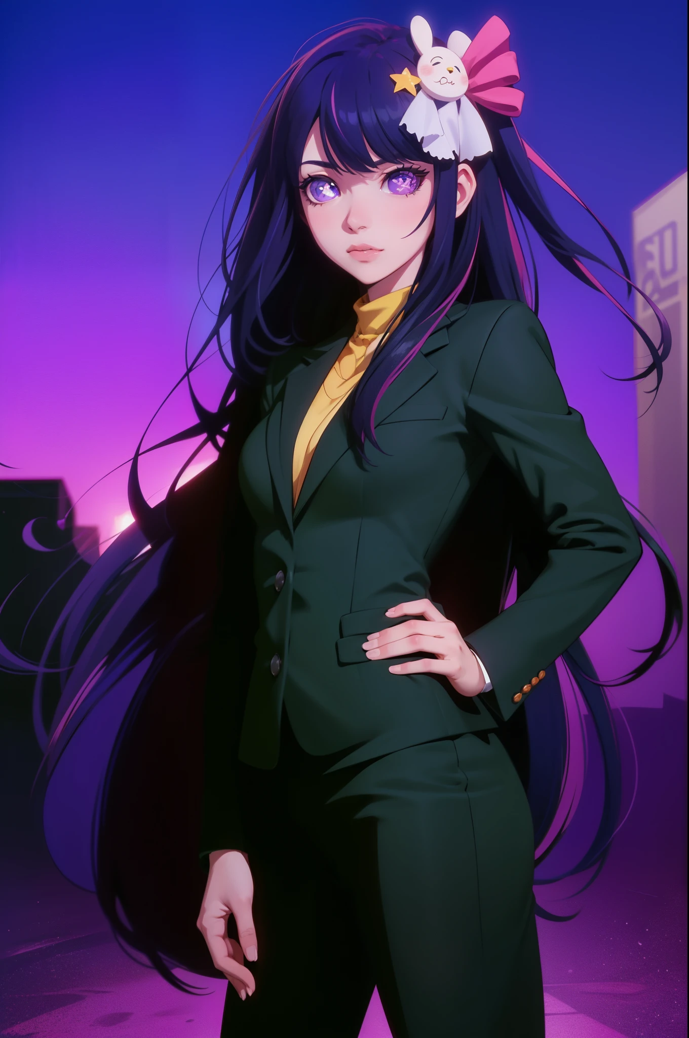 Hoshino Ai, long hair, purple hair, streaked hair ,purple eyes, star-shaped pupils, hair ornament, Business Suit