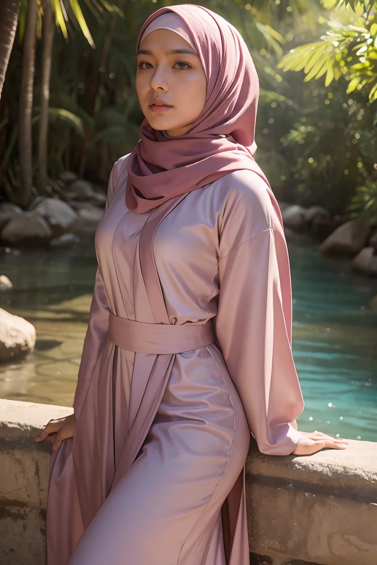 (masutepiece), (Best Quality), Realistic, Photorealism, malay men 30 years old in muslim cloth,  young malay girl in hijab wearing beautiful muslimah cloth  20 - 23 years old. malay men with beautiful girl with beautiful perfect body, romantic. location: beautiful tropical river, professional photography, bright lighting, 28mm lens, Establishing shot, deep focus cinematography effect, Natural Lighting, pastel color grading, high quality, ultra detail, 8k resolution,