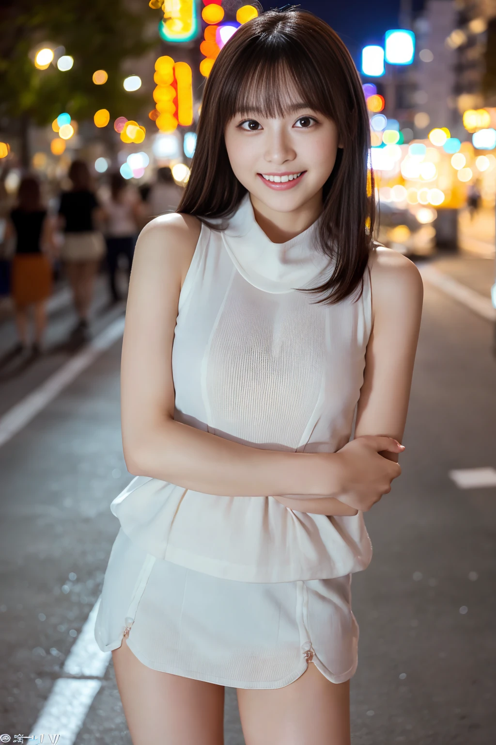 2 people 女の子, (Wearing a white glitter dress:1.2), (RAW Photos, Highest quality), (Realistic, Photorealistic:1.4), Tabletop, Very delicate and beautiful, Very detailed, 2k wallpaper, wonderful, finely, Very detailed CG Unity 8K 壁紙, Very detailedな, High resolution, Soft Light, Beautiful detailed girl, Very detailed目と顔, Beautiful and detailed nose, finelyて美しい目, Cinema Lighting, City lights at night, Perfect Anatomy, Slender body, smile , Large Breasts, 2 people, sit