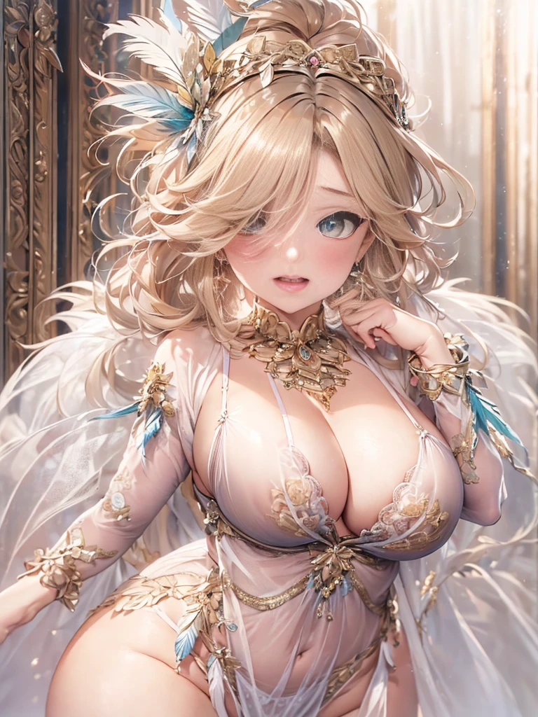 40-year-old mature woman、sensual curves、huge breasts、thighs、bubble、お尻のmasterpiece, 最high quality, Super detailed, full body shot, mature woman, 美しい mature woman, nightgown and underwear, enchanting smile, thick lips, Chubby lips, blush, looking at the viewer, provocative expression, beautiful hairstyle, cleavage, Plump、curvy hips、attractive face、naughty face、sexy lingerie　、an inviting gaze、Expression of emotions、Lewd underwear、erotic see-through lingerie set、Standing position、gorgeous accessories 、big breastsの女性, bare shoulders, golden hair, colored feather, metal ornaments, colored flowers, particle, light, (masterpiece, 最high quality, 最high quality, official art, beautiful and aesthetic:1.2), (1 girl:1.3), very detailed,(fractal art:1.1),(colorful:1.1)(flowers:1.3),most detailed,(zentangle:1.2), (dynamic pose), (abstract background:1.3), (shiny skin), (lots of colors :1.4), ,(earrings:1.4), (feather:1.4),masterpiece, 最high quality, Super detailed, 30~40 years, full body shot, mature woman, 美しい mature woman, nightgown and underwear, enchanting smile, thick lips, Chubby lips, blush, looking at the viewer, provocative expression, short hairstyle, cleavage, Plump、curvy hips、attractive face、naughty face、sexy lingerie　、an inviting gaze、Expression of emotions、Lewd underwear、erotic see-through lingerie set、Standing position、gorgeous accessories、various hairstyles，gold headband，plump breasts，convex buttocks，greek clothing，Tulle covers the breasts，perfectly proportioned, detailed clothing details,marble，god statue，cinematic lighting, film grain, Fuji color, contrast of light and dark, 8K, masterpiece, Super detailed, high detail, high quality, High resolution, 、(((erotic see-through lingerie set)))、gorgeous accessories、raise your butt, from below, (((NSFW:1.2)))、exposed chest、gasping face、Openwork decoration，(((see through dress)))、(((anatomically correct body))) , 最high quality, Super detailed, (((Lewd underwear)))、raise your butt, from below, (NSFW: 1.4)、exposed chest、(((gasping face)))、Openwork decoration，(((see through dress)))、(((R-18)))、Hakari、Whirlpool、thighs, big breasts, Are standing, cowboy shot,  blush, 1 girl, (masterpiece:1.3), (High resolution), (8K), (very detailed), perfect face, Nice eyes and face, (((最high quality))), (Super detailed), detailed face and eyes, (alone), High resolution、beautiful eyes,(((sexy pose)))、(((big breasts)))、