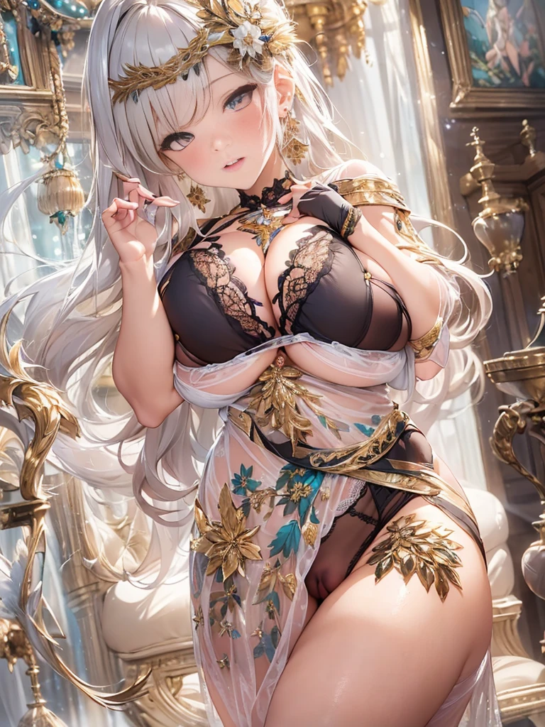 40-year-old mature woman、sensual curves、huge breasts、thighs、bubble、お尻のmasterpiece, 最high quality, Super detailed, full body shot, mature woman, 美しい mature woman, nightgown and underwear, enchanting smile, thick lips, Chubby lips, blush, looking at the viewer, provocative expression, beautiful hairstyle, cleavage, Plump、curvy hips、attractive face、naughty face、sexy lingerie　、an inviting gaze、Expression of emotions、Lewd underwear、erotic see-through lingerie set、Standing position、gorgeous accessories 、big breastsの女性, bare shoulders, golden hair, colored feather, metal ornaments, colored flowers, particle, light, (masterpiece, 最high quality, 最high quality, official art, beautiful and aesthetic:1.2), (1 girl:1.3), very detailed,(fractal art:1.1),(colorful:1.1)(flowers:1.3),most detailed,(zentangle:1.2), (dynamic pose), (abstract background:1.3), (shiny skin), (lots of colors :1.4), ,(earrings:1.4), (feather:1.4),masterpiece, 最high quality, Super detailed, 30~40 years, full body shot, mature woman, 美しい mature woman, nightgown and underwear, enchanting smile, thick lips, Chubby lips, blush, looking at the viewer, provocative expression, short hairstyle, cleavage, Plump、curvy hips、attractive face、naughty face、sexy lingerie　、an inviting gaze、Expression of emotions、Lewd underwear、erotic see-through lingerie set、Standing position、gorgeous accessories、various hairstyles，gold headband，plump breasts，convex buttocks，greek clothing，Tulle covers the breasts，perfectly proportioned, detailed clothing details,marble，god statue，cinematic lighting, film grain, Fuji color, contrast of light and dark, 8K, masterpiece, Super detailed, high detail, high quality, High resolution, 、(((erotic see-through lingerie set)))、gorgeous accessories、raise your butt, from below, (((NSFW:1.2)))、exposed chest、gasping face、Openwork decoration，(((see through dress)))、(((anatomically correct body))) , 最high quality, Super detailed, (((Lewd underwear)))、raise your butt, from below, (NSFW: 1.4)、exposed chest、(((gasping face)))、Openwork decoration，(((see through dress)))、(((R-18)))、Hakari、Whirlpool、thighs, big breasts, Are standing, cowboy shot,  blush, 1 girl, (masterpiece:1.3), (High resolution), (8K), (very detailed), perfect face, Nice eyes and face, (((最high quality))), (Super detailed), detailed face and eyes, (alone), High resolution、beautiful eyes,(((sexy pose)))、(((big breasts)))、