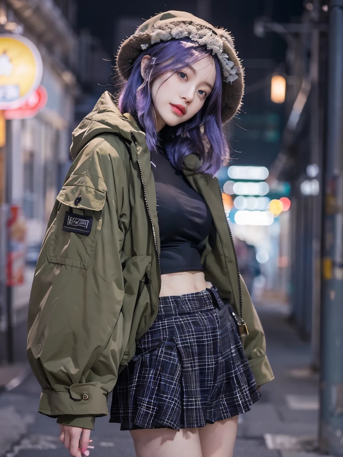 wearing olive drab PARKA SHELL M-1951, wearing black long skirt, Bewitching eyes, well-balanced eyes, //street snap //fashion model posing, ((facing viewer)), //at the street, //japanese lady, pale skin, //purple hair, //((standing)), high quality:1.3, Professional lighting:2.0 realistic:1.2, 4k resolution, detailed skin, masterpiece:1.1, big breasts,