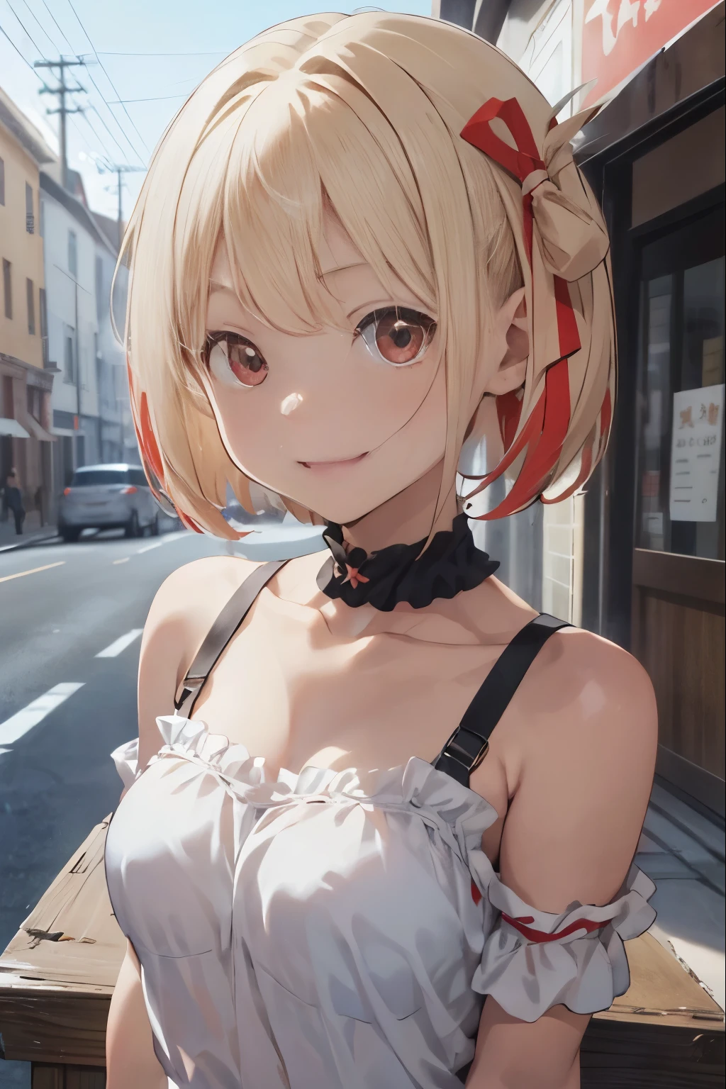 Chisatoniki, Chisato, short hair, bangs, blonde hair, (red eyes:1.5), hair ribbon, one side up, bob cut,
break shirt, bare shoulders, twin tails, clavicle, hair ribbon, white shirt, frills, off shoulder, red ribbon, ショートtwin tails, off shoulderシャツ, frillsシャツ,
break outdoors, grin,
break looking at viewer, break (table top:1.2), highest quality, High resolution, unity 8k wallpaper, (figure:0.8), (beautiful and fine eyes:1.6), highly detailed face, perfect lighting, Highly detailed CG, (perfect hands, perfect anatomy),