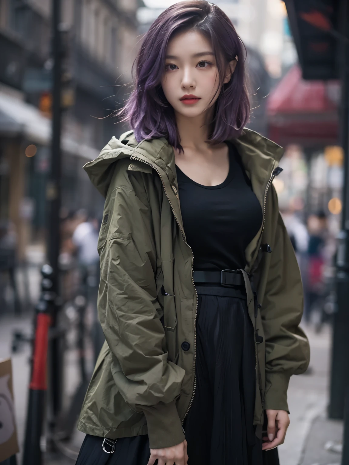 wearing olive drab PARKA SHELL M-1951, wearing black long skirt, Bewitching eyes, well-balanced eyes, //street snap //fashion model posing, ((facing viewer)), //at the street, //japanese lady, pale skin, //purple hair, //((standing)), high quality:1.3, Professional lighting:2.0 realistic:1.2, 4k resolution, detailed skin, masterpiece:1.1, big breasts,