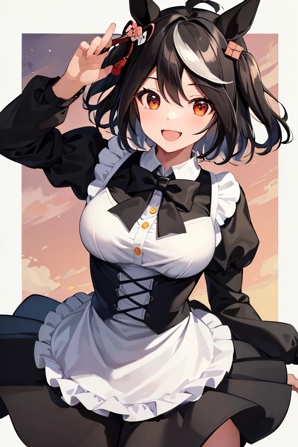 ((masterpiece,highest quality)), disorganized, Kitasan_black_umamusume,   animal ears, short hair, striped hair, hair ornaments, medium breasts, horse tail, wearing a maid outfit,  alone, Smile with open mouth, looking at the viewer, cowboy shot,